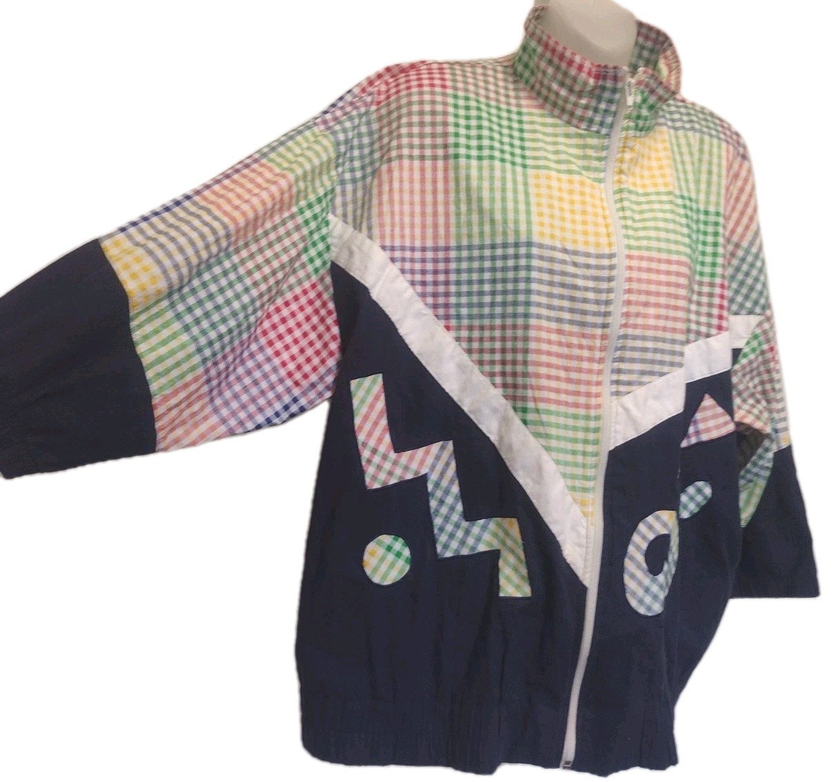 Vintage Adolfo Sport Colorblock Jacket XL Geometric Gingham Zip Memphis 80s