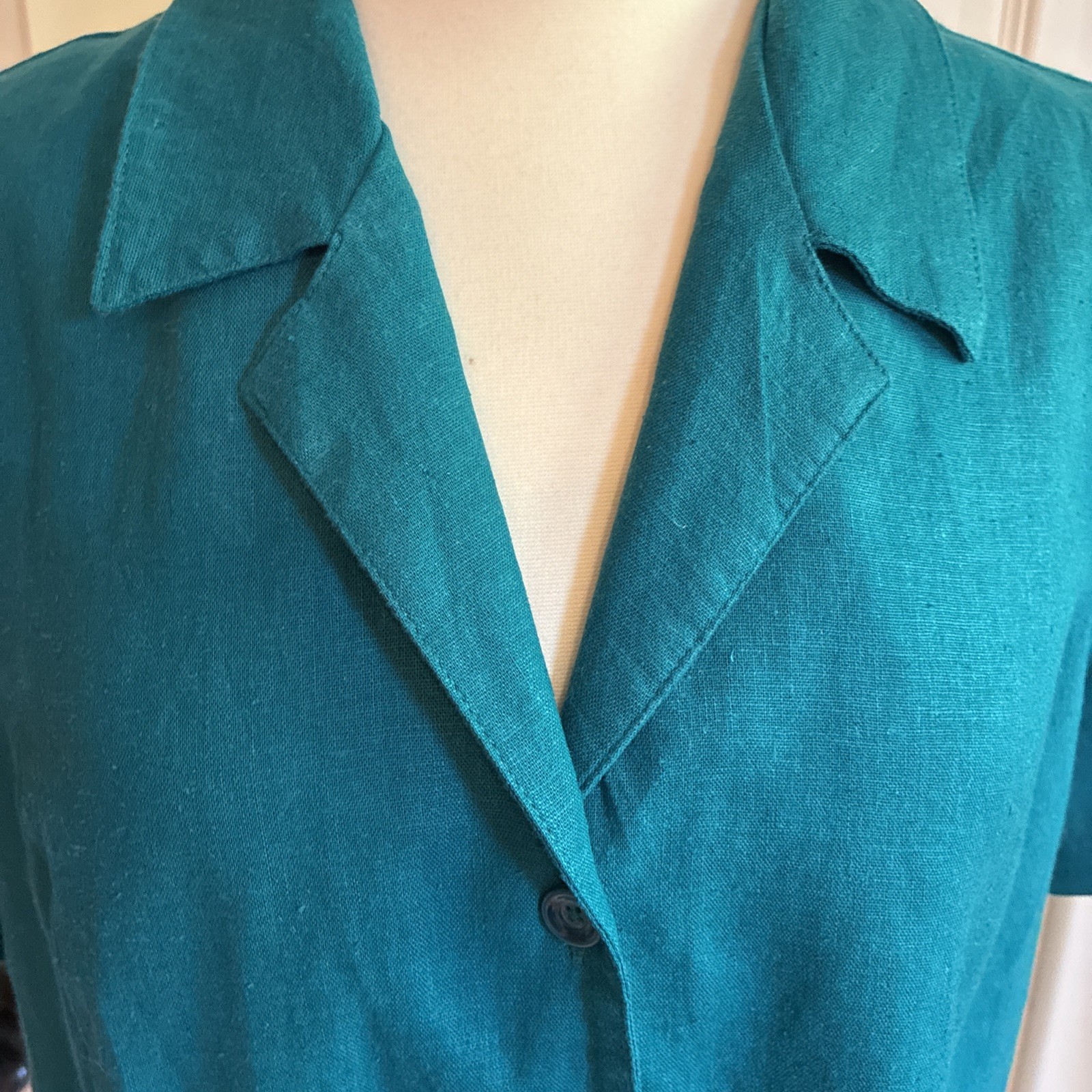 Vintage Linen Teal Collared Button Up Blouse Large Short Sleeve Blue Green 90s