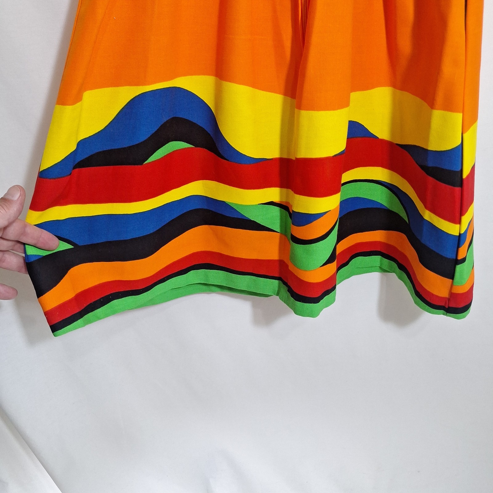 Vtg 70s Malia Honolulu Rainbow Striped Dress Cutout Open Back Mod Pop Art Small