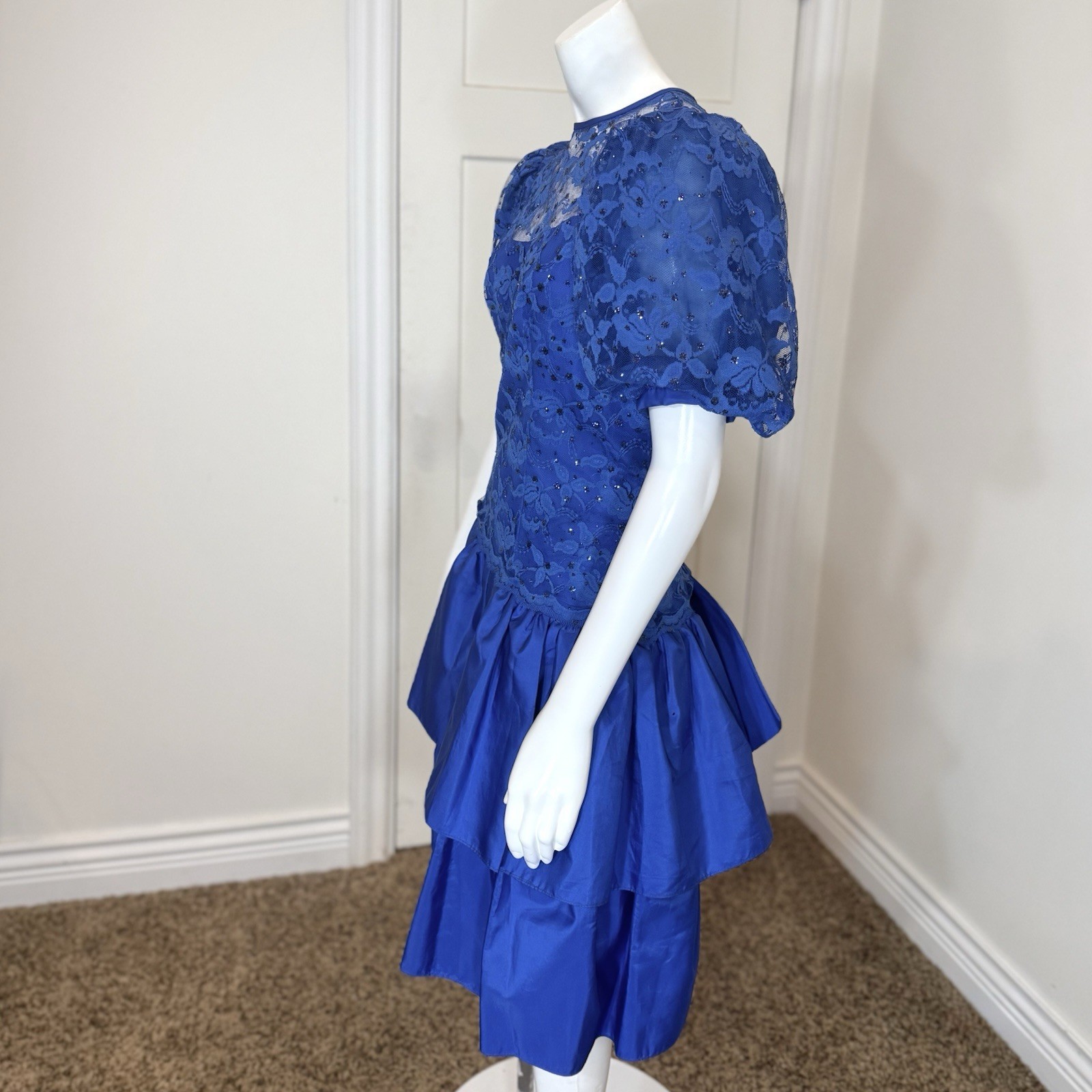 Vintage 80’s TIERED PARTY DRESS M Puff Sleeve Rhinestone Lace Barbie Bow Taffeta