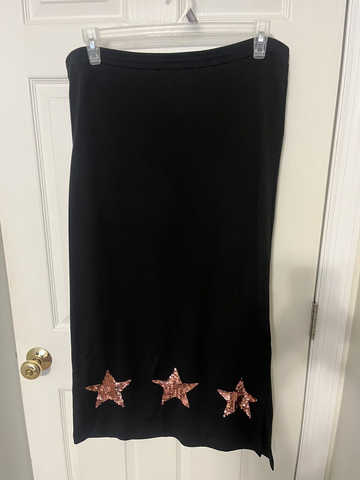 VTG Quacker Factory Womens Size S Black Rose Gold Sequin Star Pattern Maxi Skirt