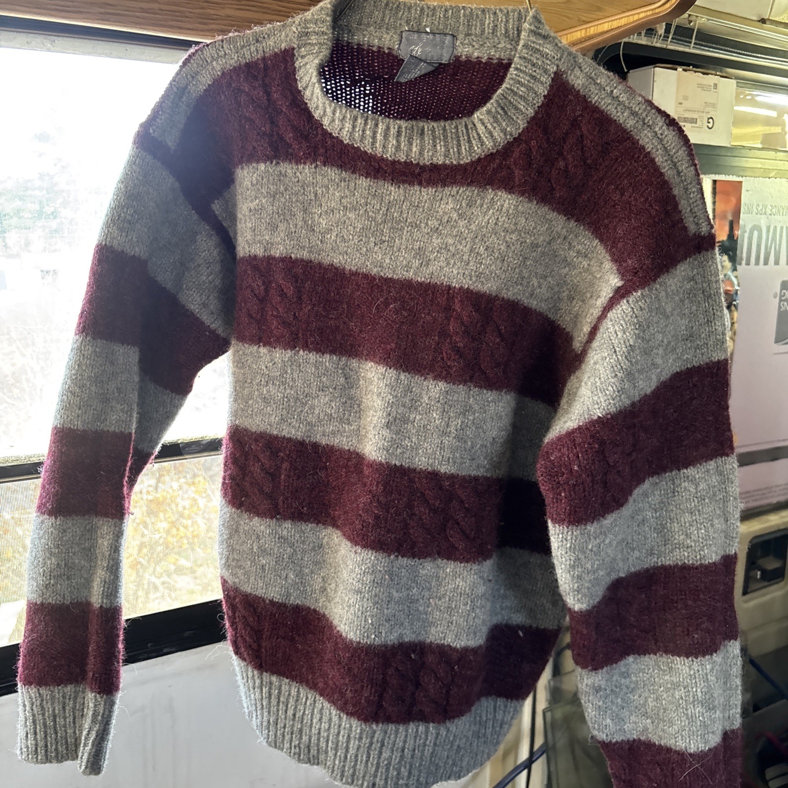Vintage Striped Wool Knit Crew Neck Sweater Sz small- Burgundy/Gray