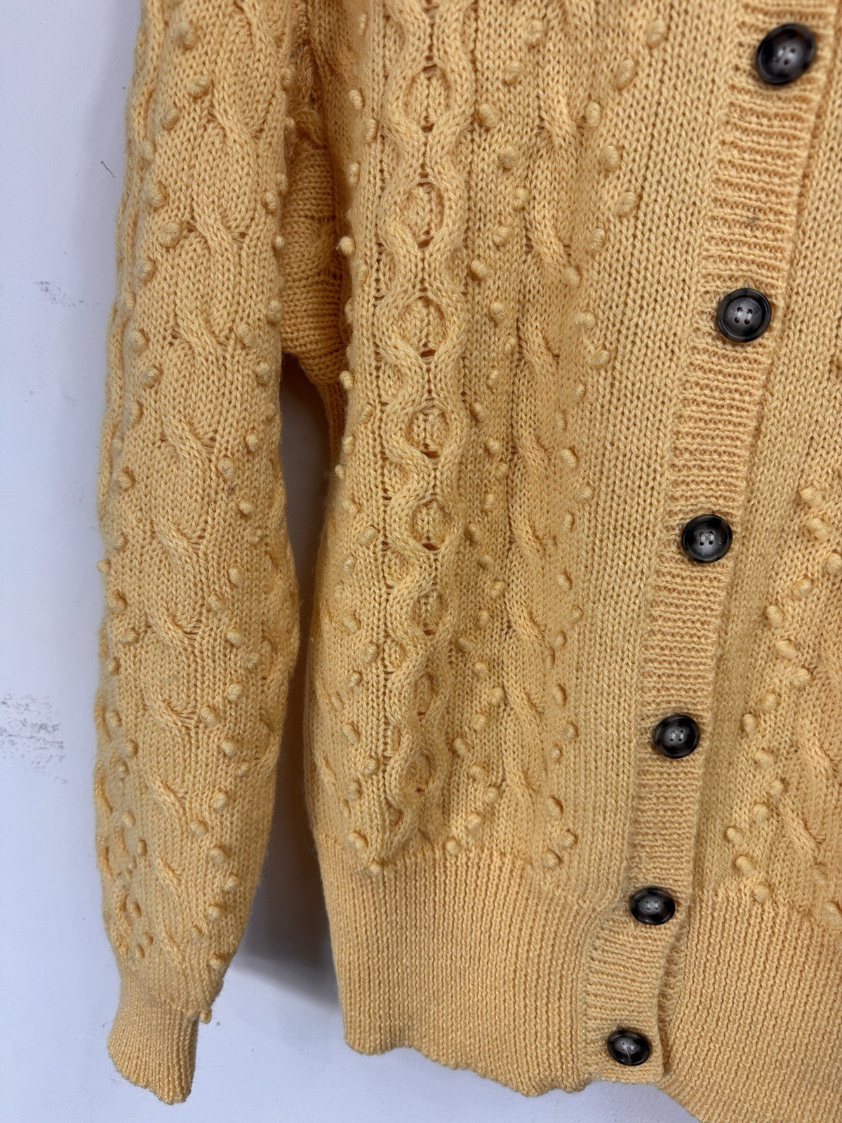 Vintage JG Hook Yellow Nubby Cable 100% Wool Sweater Size S Cardigan Made USA