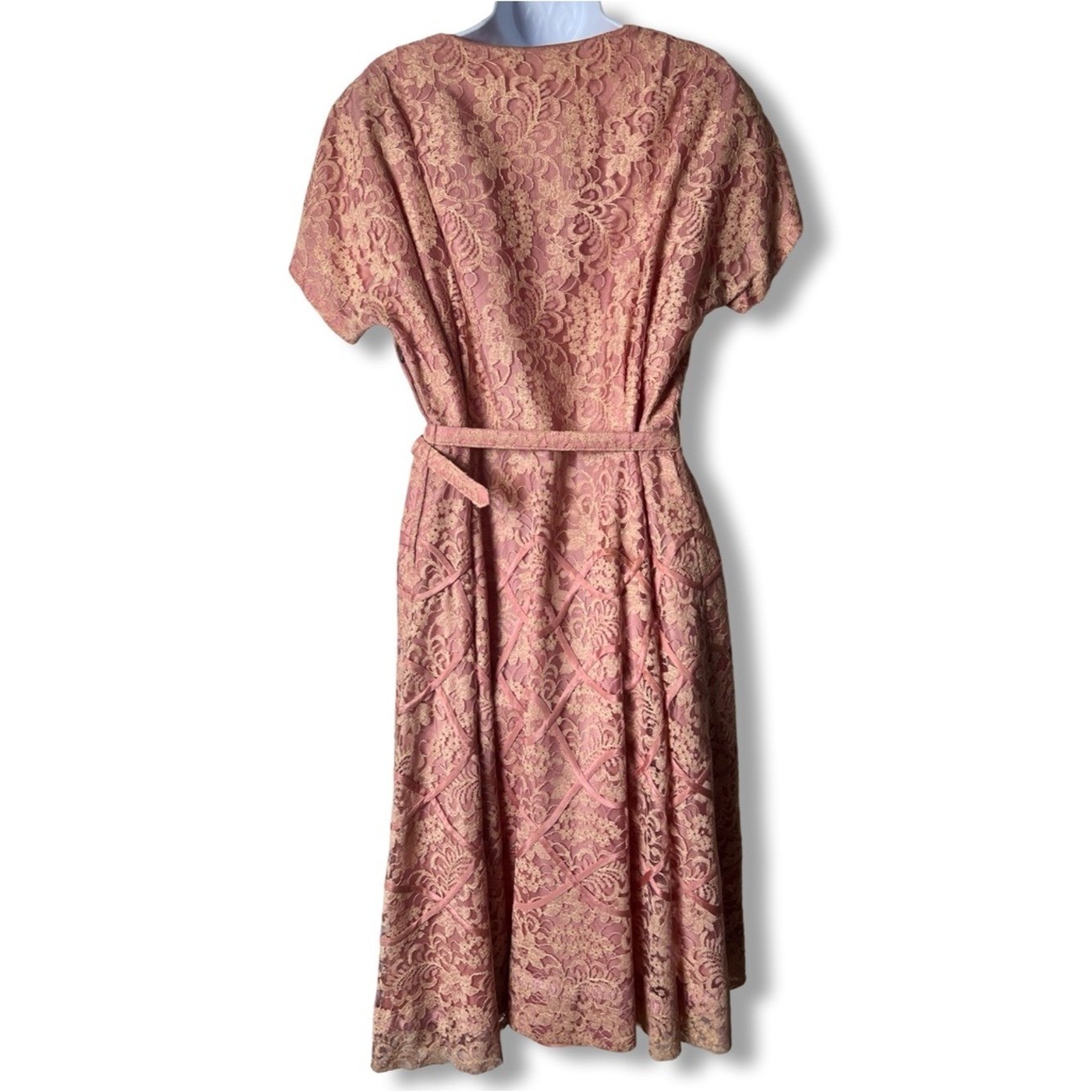 VTG 50s Gloria Swanson Forever Young Pink Lace Belted Party Tea Midi Dress Sz. M