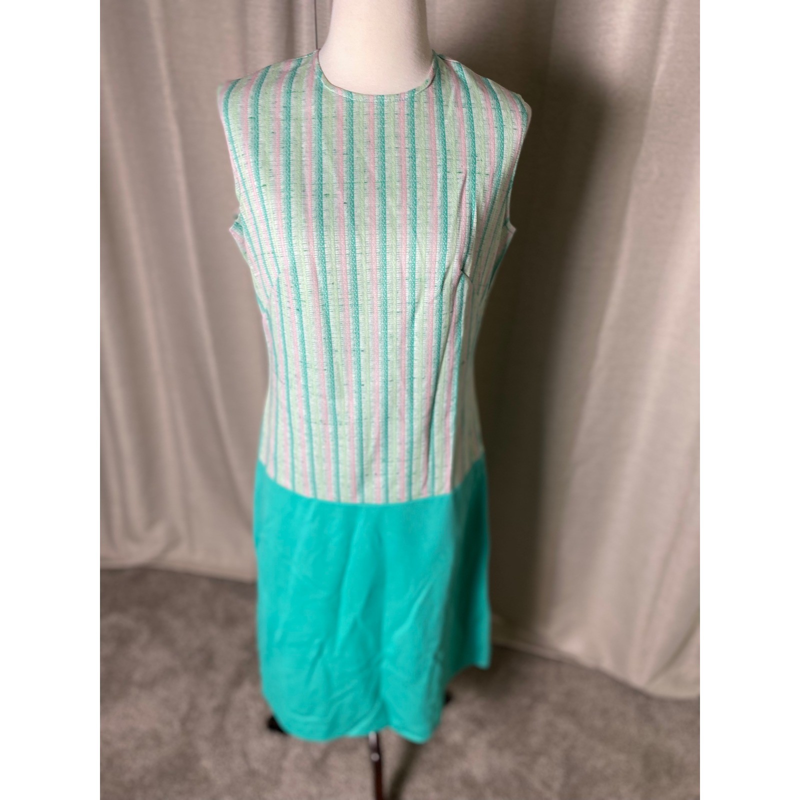 Vintage 60s Dress and Jacket Set Teal Pink Striped Mod Sheath 2 Piece Outfit