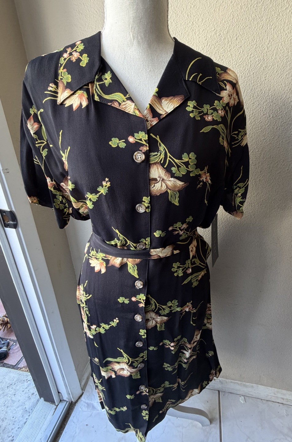 NWT Vintage 90s Karen Kane Rayon Rose Dark Floral Shirt Dress 16 Fits L 12 14