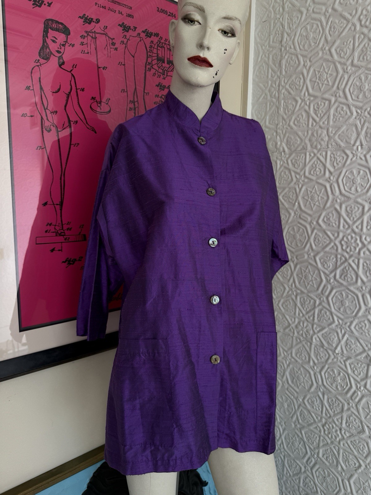 Vintage 1990s silk blouse purple mandarin collar minimalist art to wear Gerties