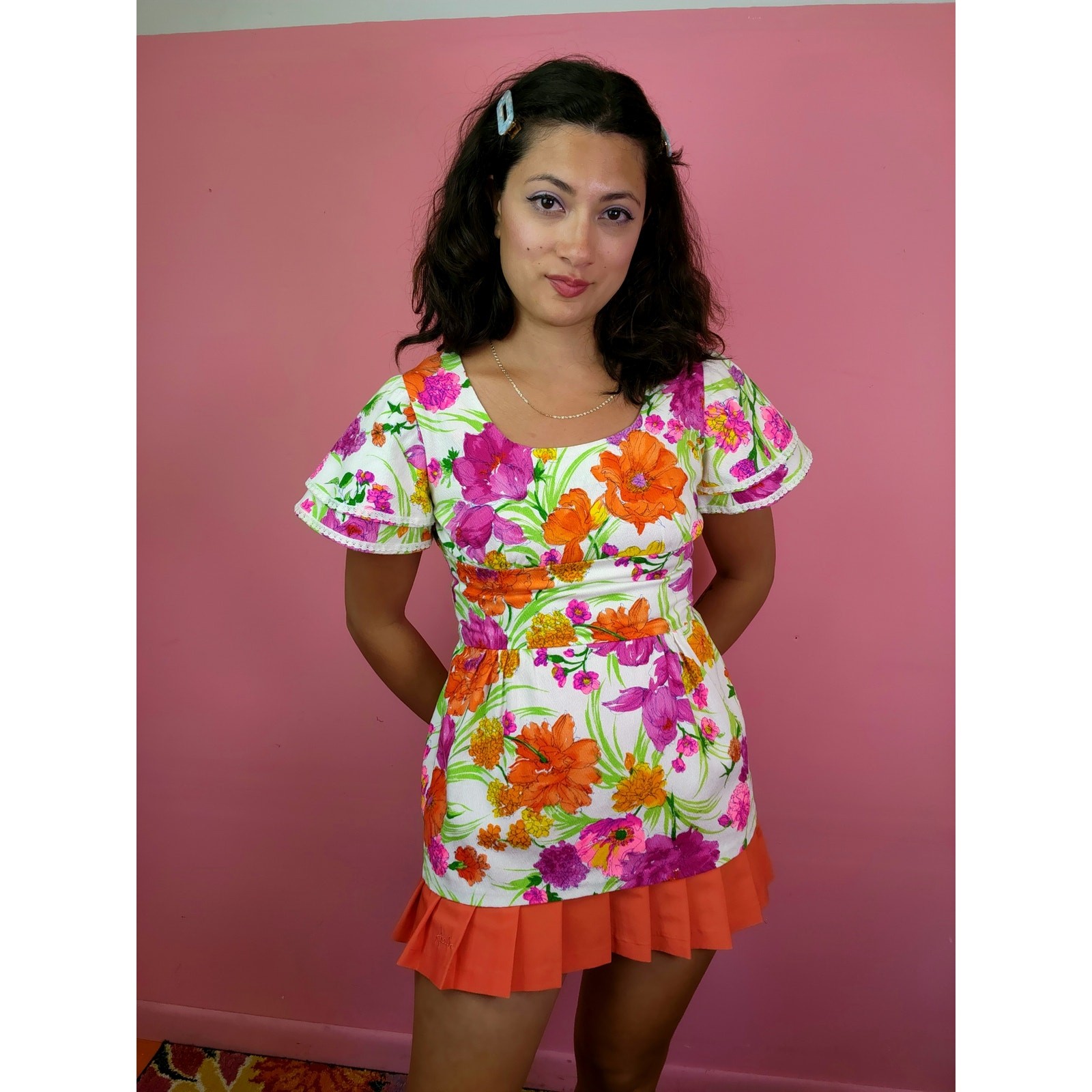 Vintage 1970’s Bark Cloth Dayglo Floral Flutter Sleeve Tunic Blouse Micro Mini