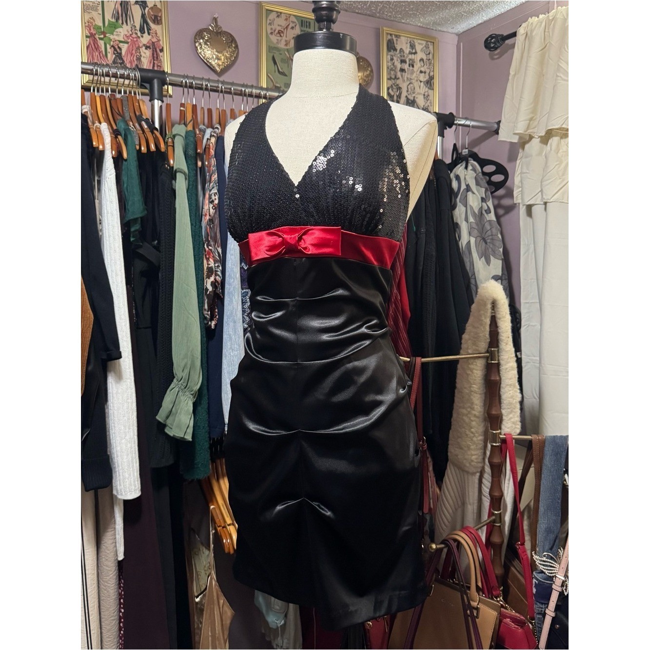 Vintage Black Sequin Strapless Dress with Red Satin Band