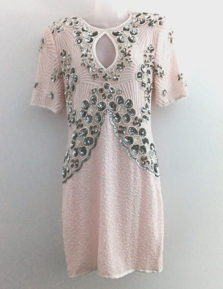 Jennifer Evening Gown Medium Light Pink Midi Silk Bead Sequin Keyhole NEW Bridal