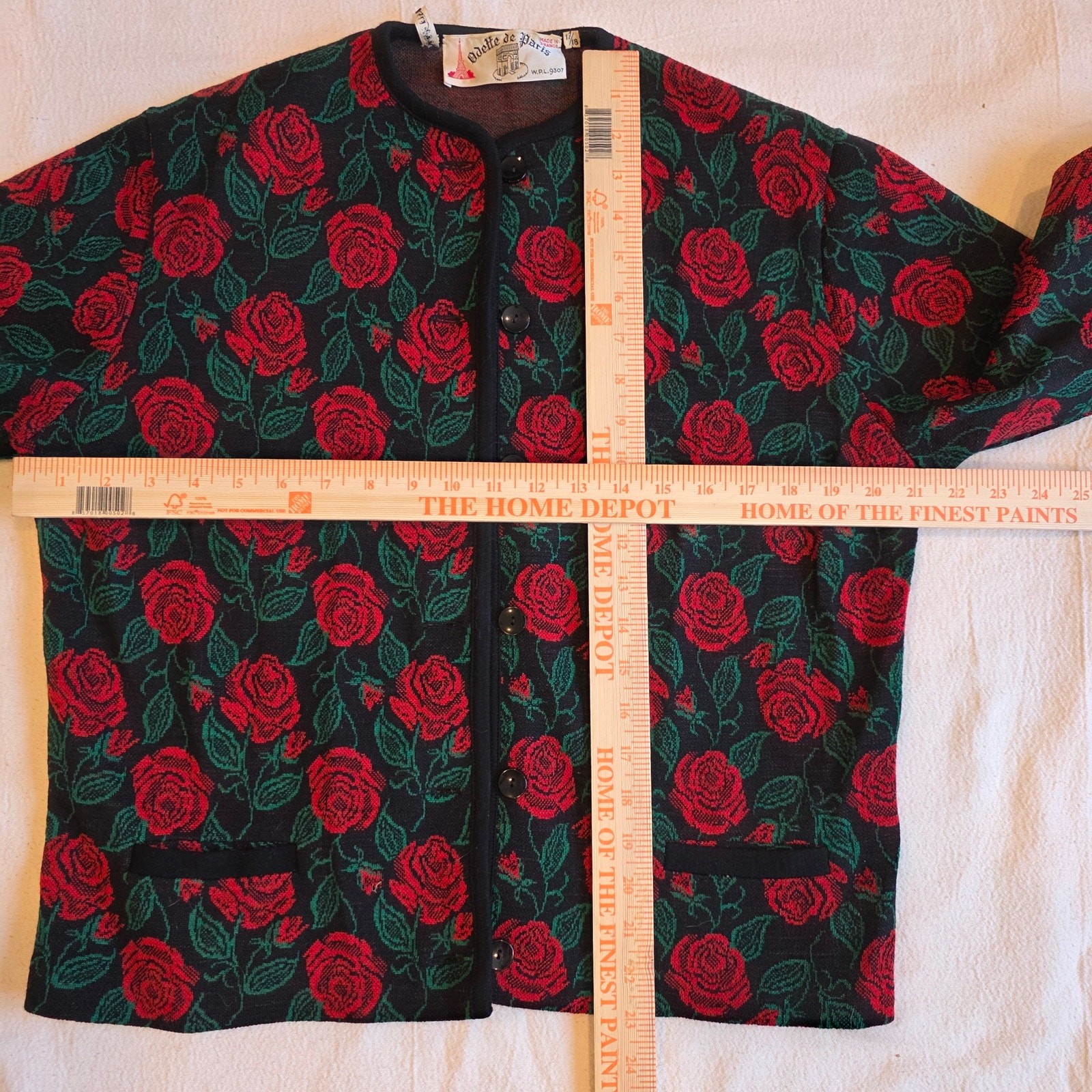Vintage Odette de Paris Rose Print Pure Wool Knit Cardigan Jacket 17/18