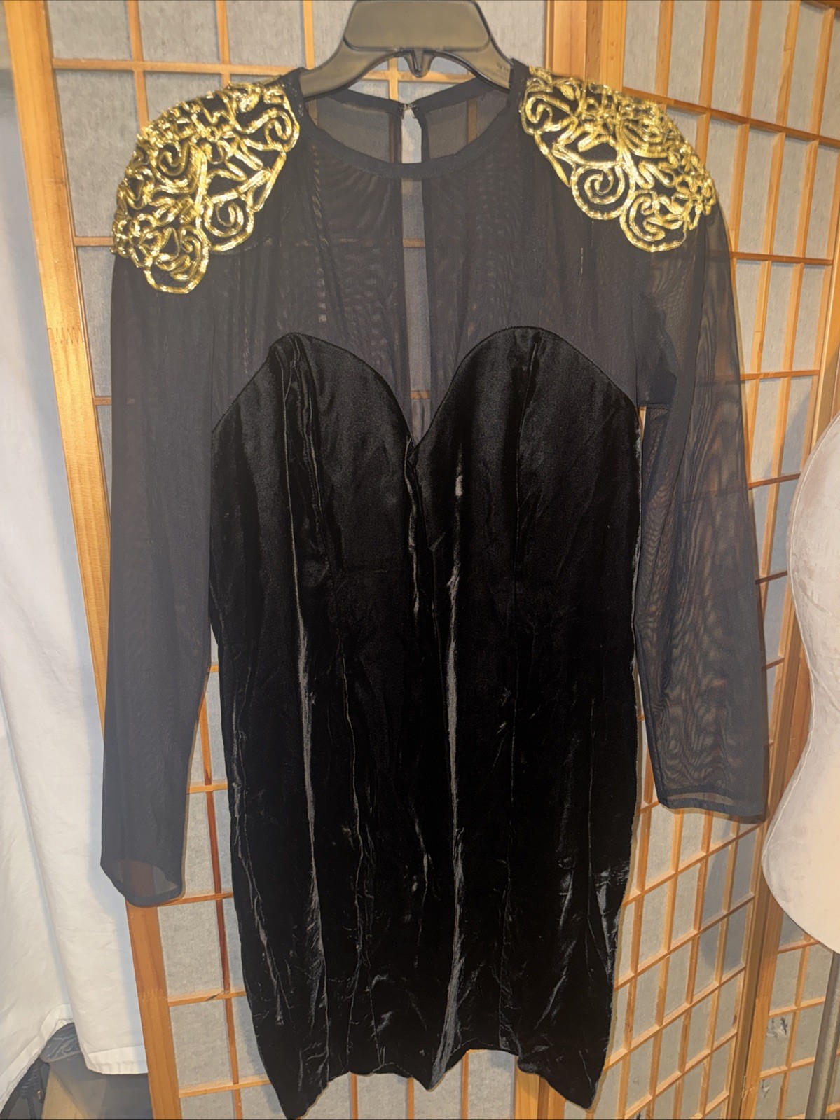 VTG 80’s Susan Roselli for Vijack Sheer Sleeve Velvet Dress Gold Ribbon Size 14