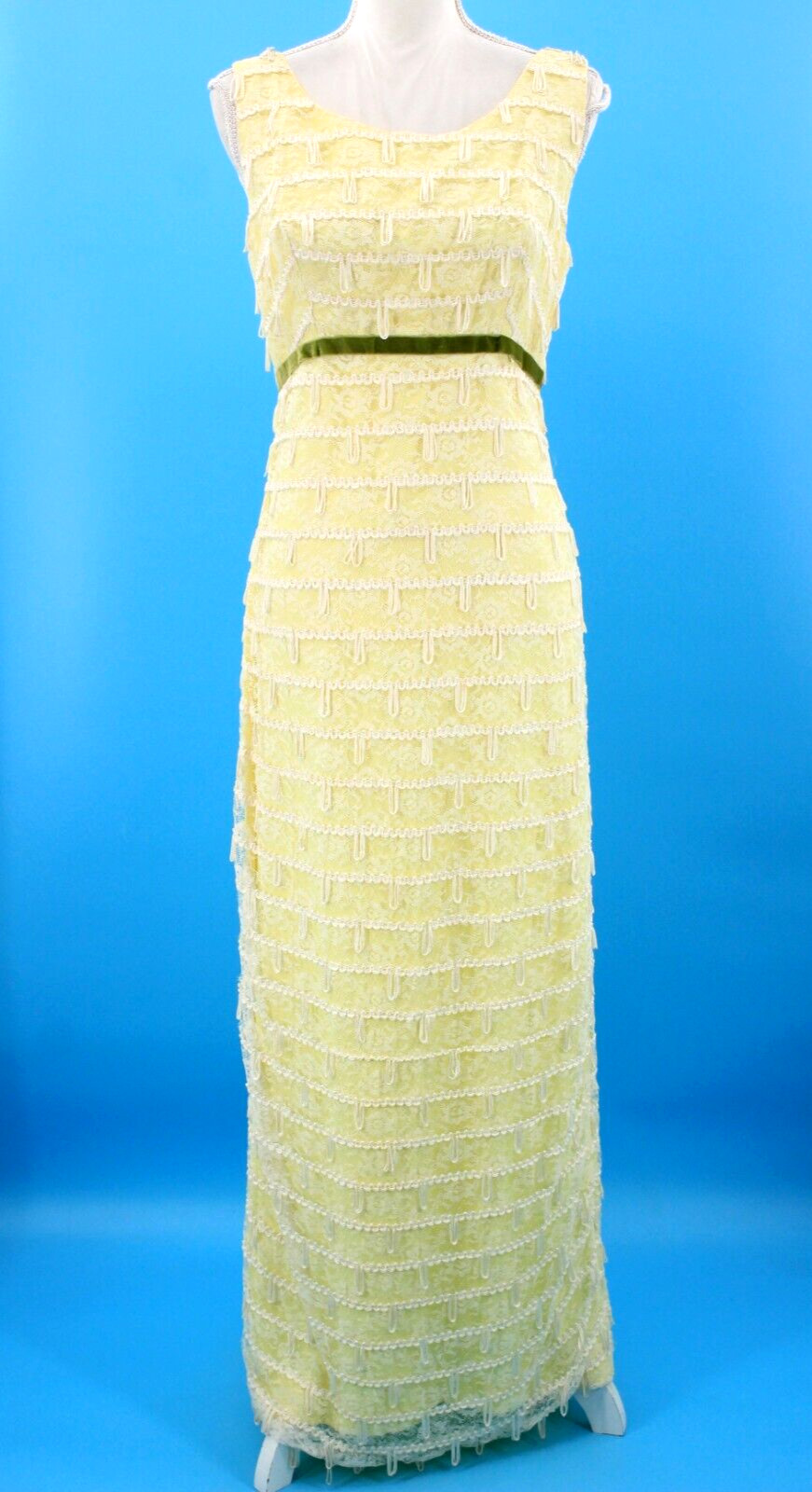 VTG Women’s 60s Yellow Maxi Sheath Dress W/ White Loop Fringe Trim XS/S 1960s