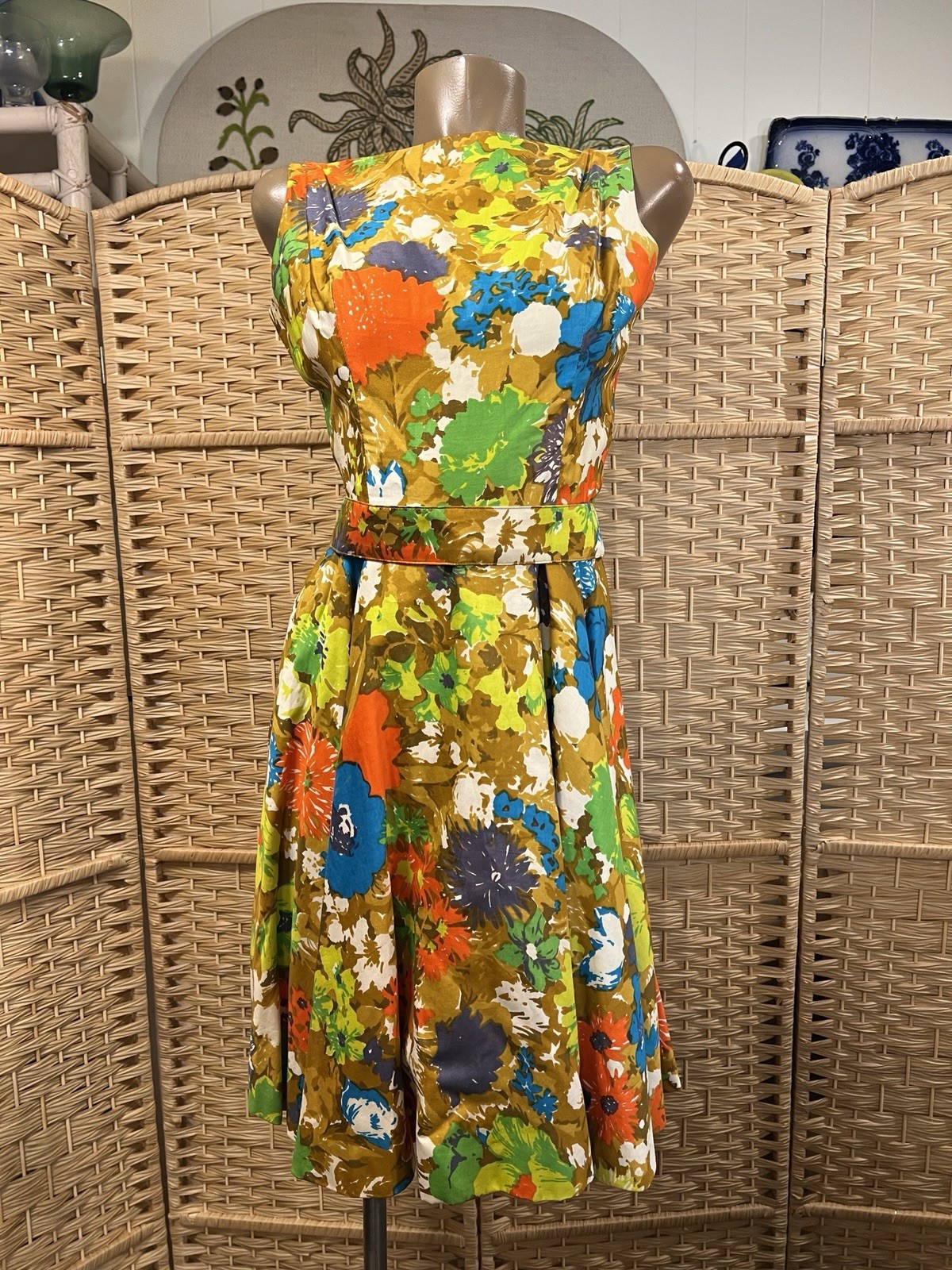 VTG 50s 60s Jay Herbert Bold Vibrant Floral Flower Power Full Circle Dress XS S