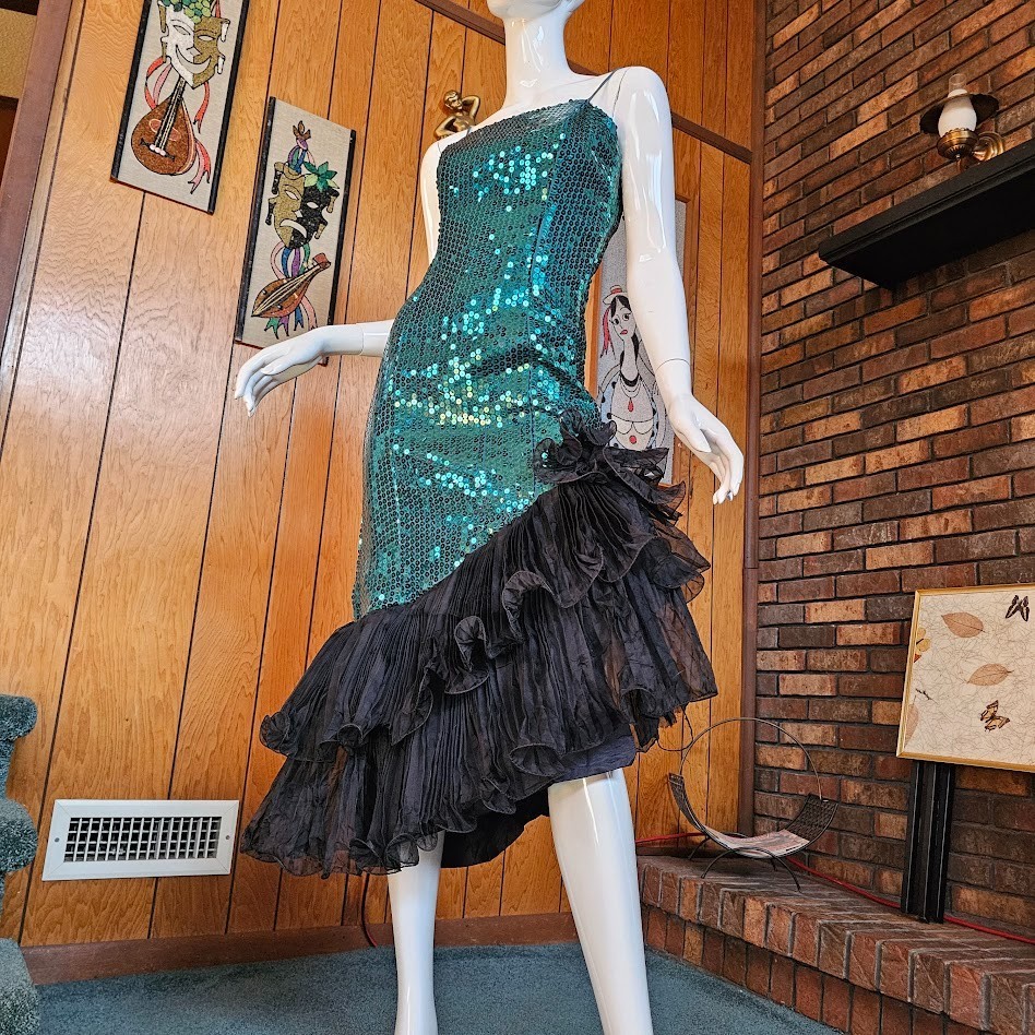 Vtg 80s Cha Cha Ruffle Poof Prom Emerald Green Sequin Nadine Wiggle Dress S/M