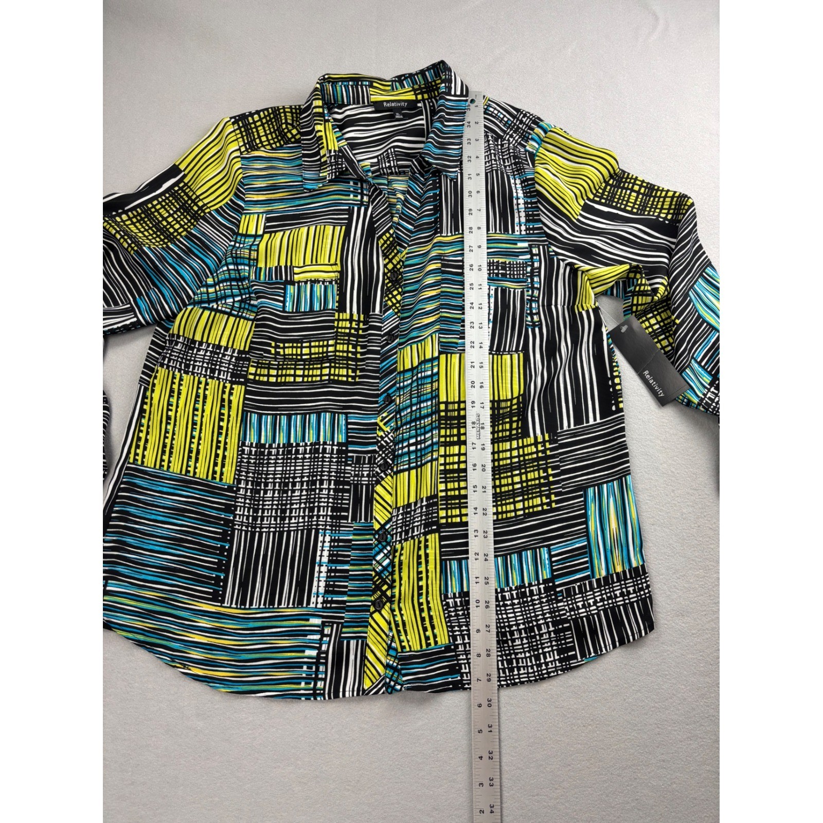 Relativity Womens XL Blouse Button Front Shirt Geometric Line Print Roll Tab NWT