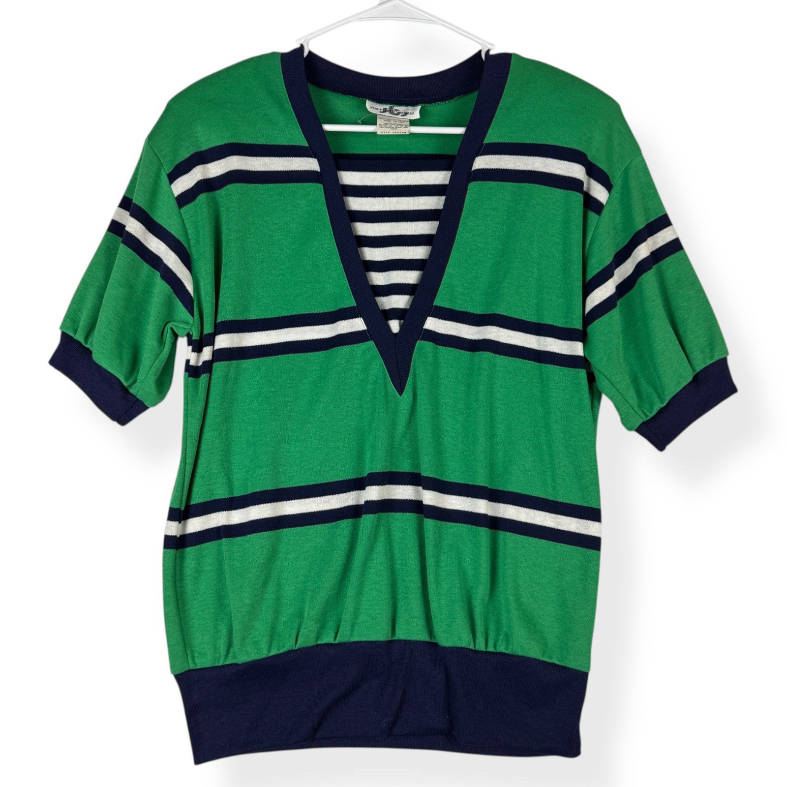 Vintage Justin B Jones Top Womens M Medium Green Navy Striped Short Sleeves NWT