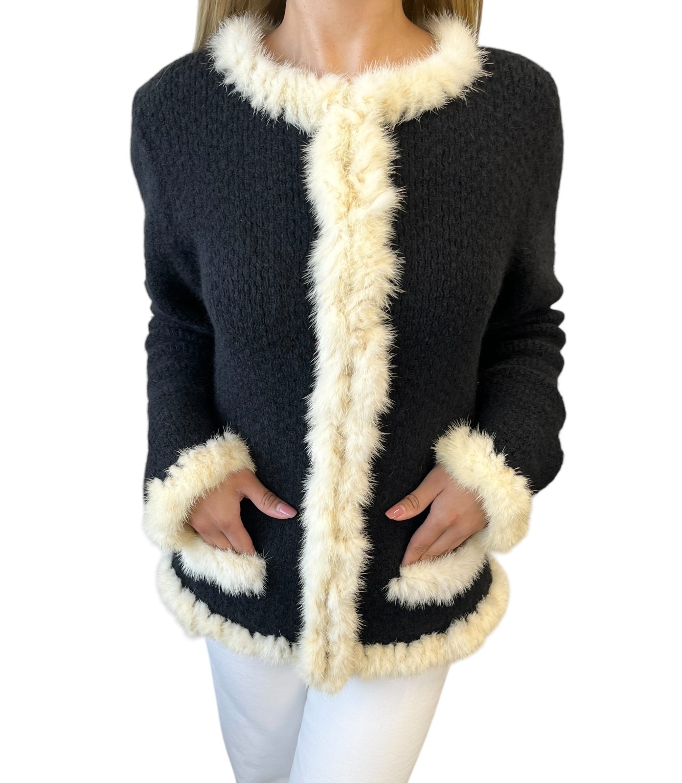 CHANEL Vintage 03A CC Logo Button Fur Trim Knit Jacket #42 Black White Mohair