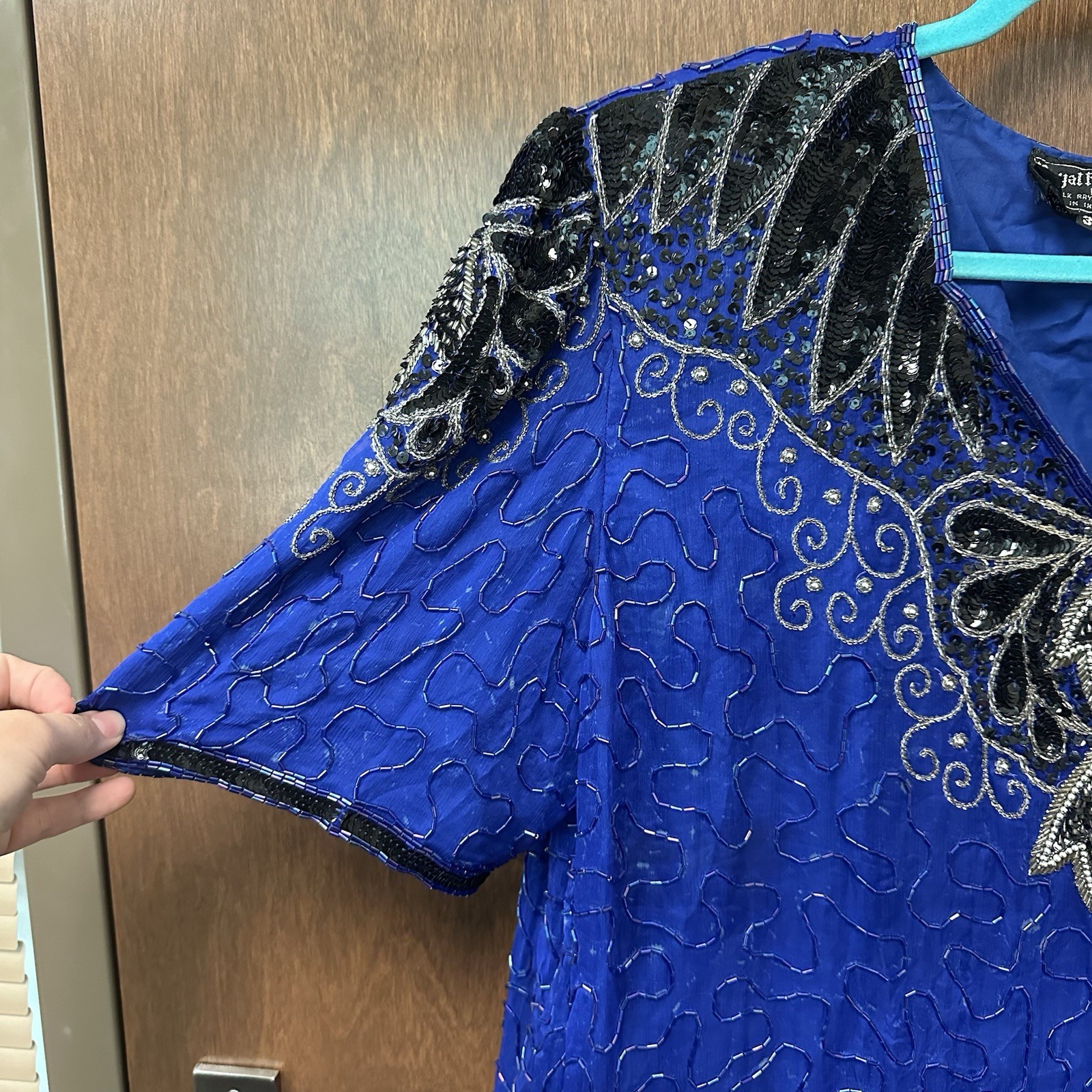 Vintage 80s Royal Feelings Beaded Sequin Party Blouse Silk Rayon Blue Black FLAW