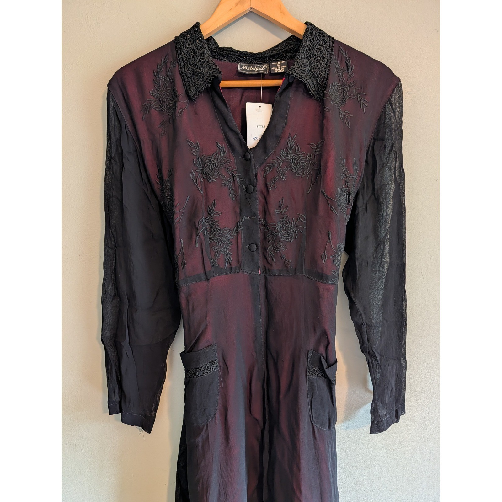 Vintage Maxi Dress L Black Red Embroidered Lace Chiffon Goth Witchy Dark Vampire