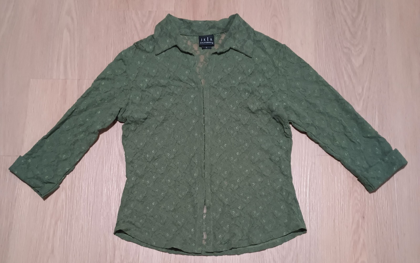 Vtg Y2K JKLA CALIFORNIA Olive Army Green Stretch Rose Floral Lace Sheer Top L