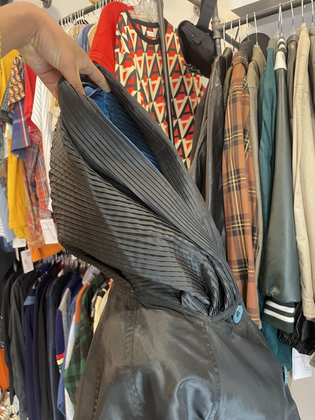 *Reversible* Blue and Black Windbreaker material long trench with pleated hood—M