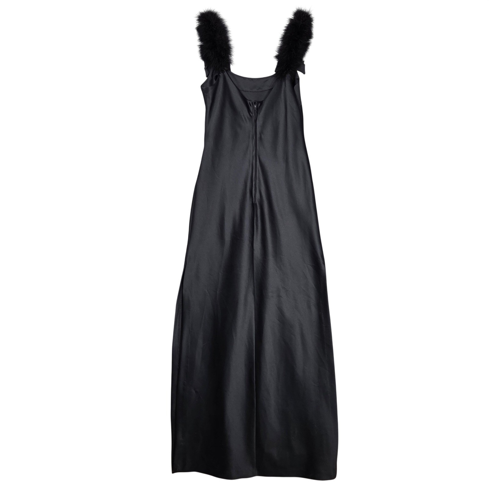 Vintage Niki Livas Women 12 Maxi Satin Gown Dress 90s Feather Bow Black Elegant