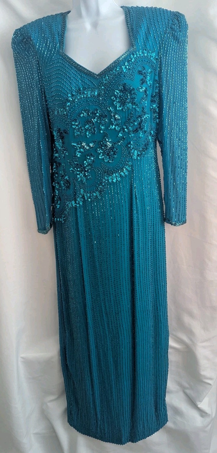 JASDEE New York Vintage Dress Hand Work Bead & Sequins Turquoise 100% Silk Sz L