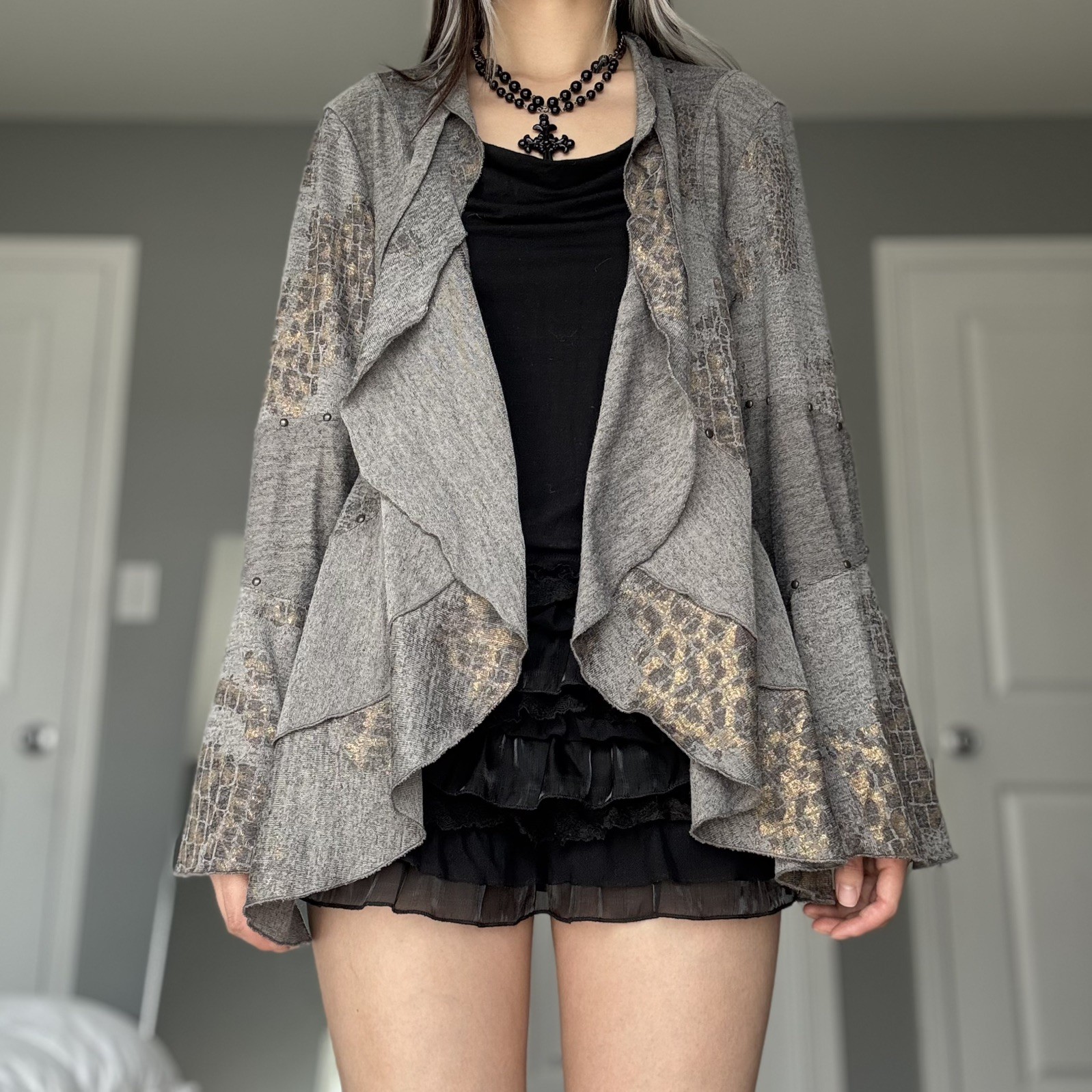 Vintage Mishca Leopard Print Gold Studded Layered Ruffle Cardigan (Women’s M)