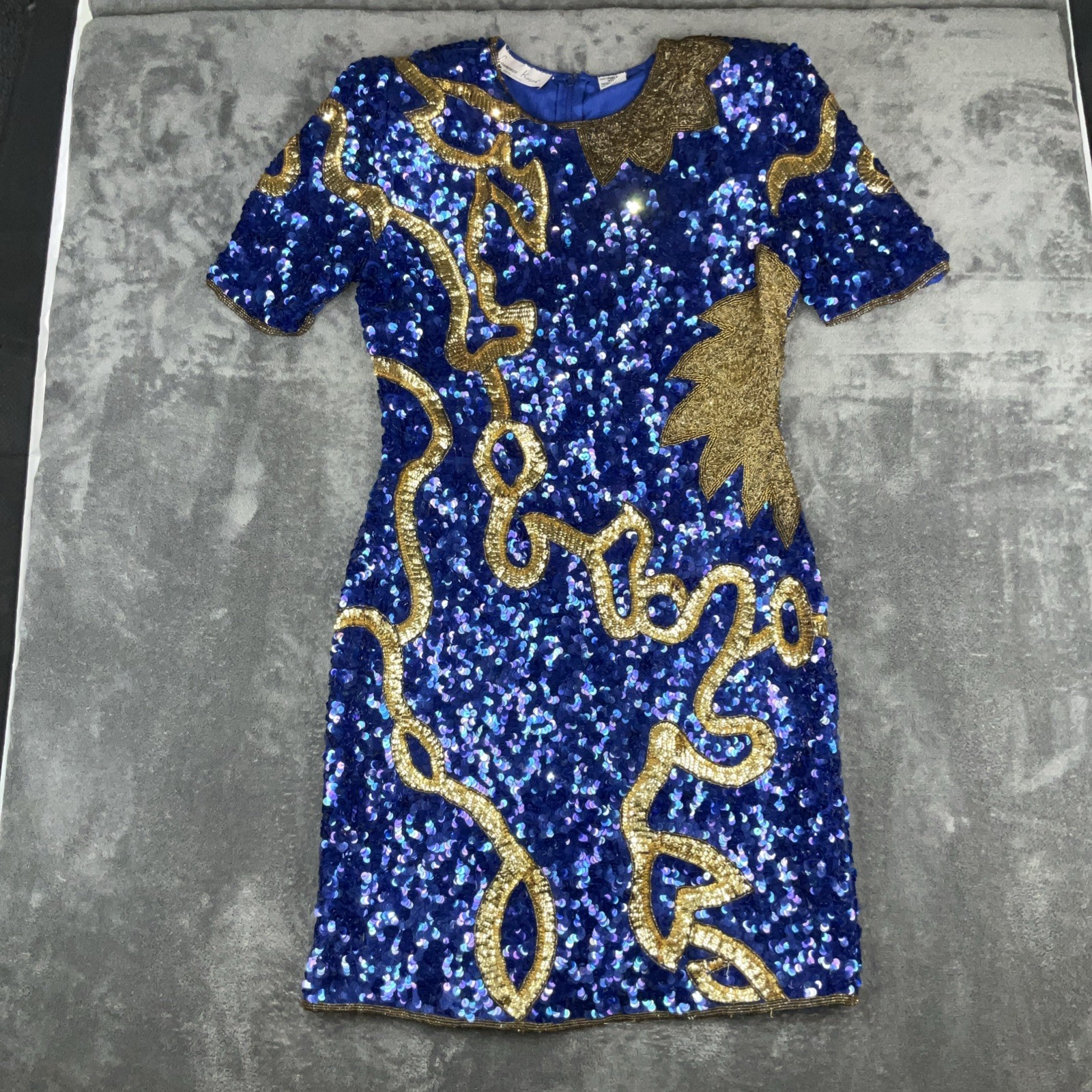 Vintage 1980s Silk Sequin Beaded Short Sleeve Laurence Kazar Dress Blue Gold PS