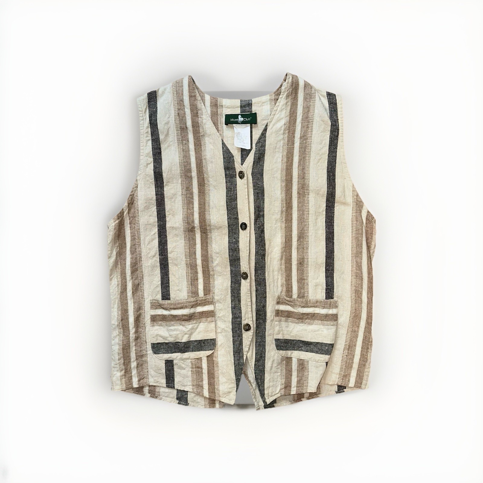 Vintage 90s Hunt Club Striped Linen Cotton Blend Vest Womens L USA Made Preppy