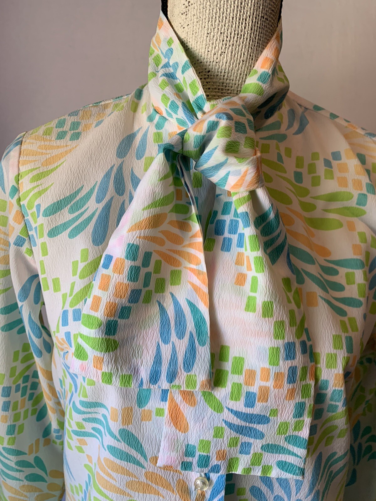 Vtg Ascot Blouse Tie Neck Long Sleeve Sheer Button Up Colorful Firework Bursts