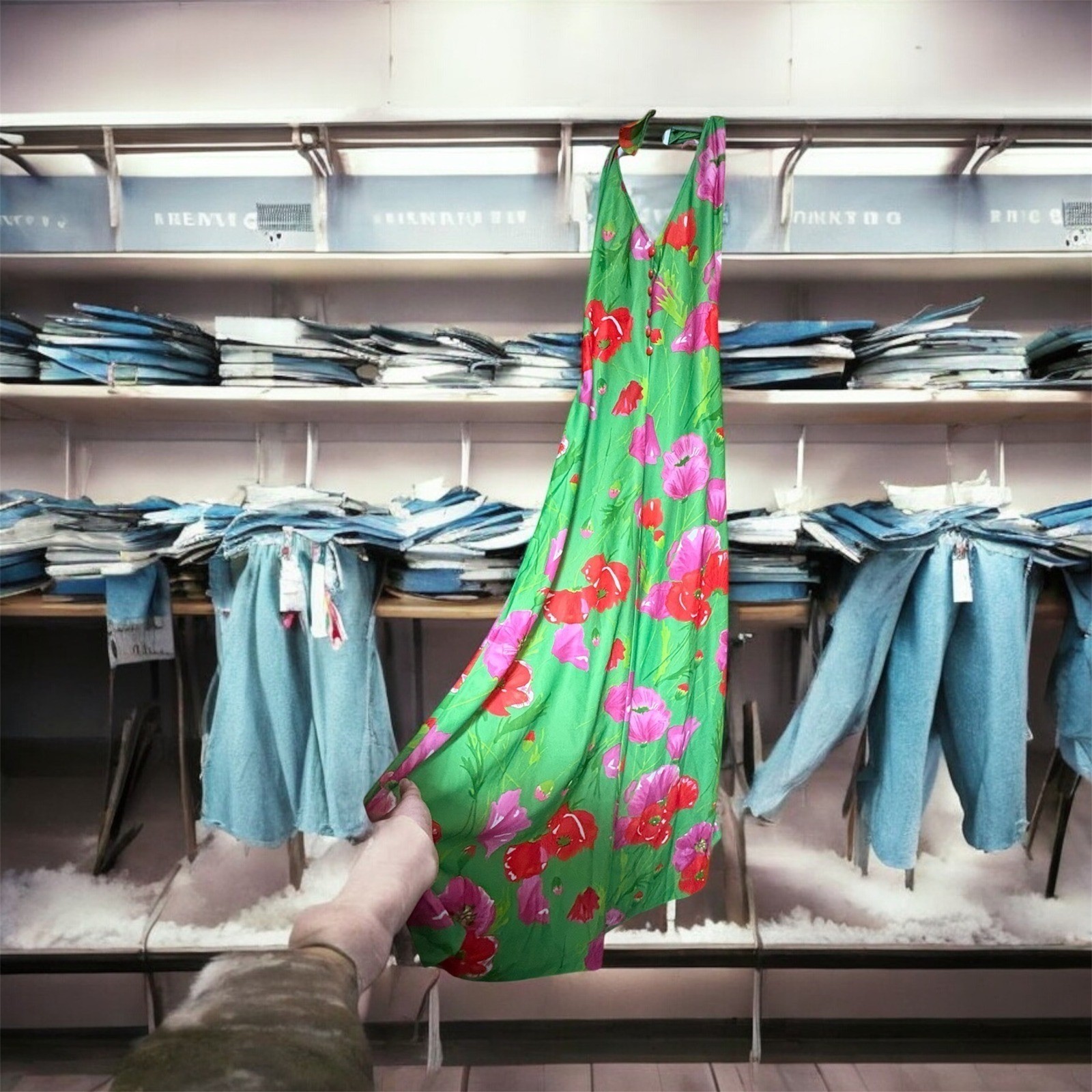 Vintage Aldens Fashions Maxi Dress Green Floral Halter Dress 70s Style Party grn