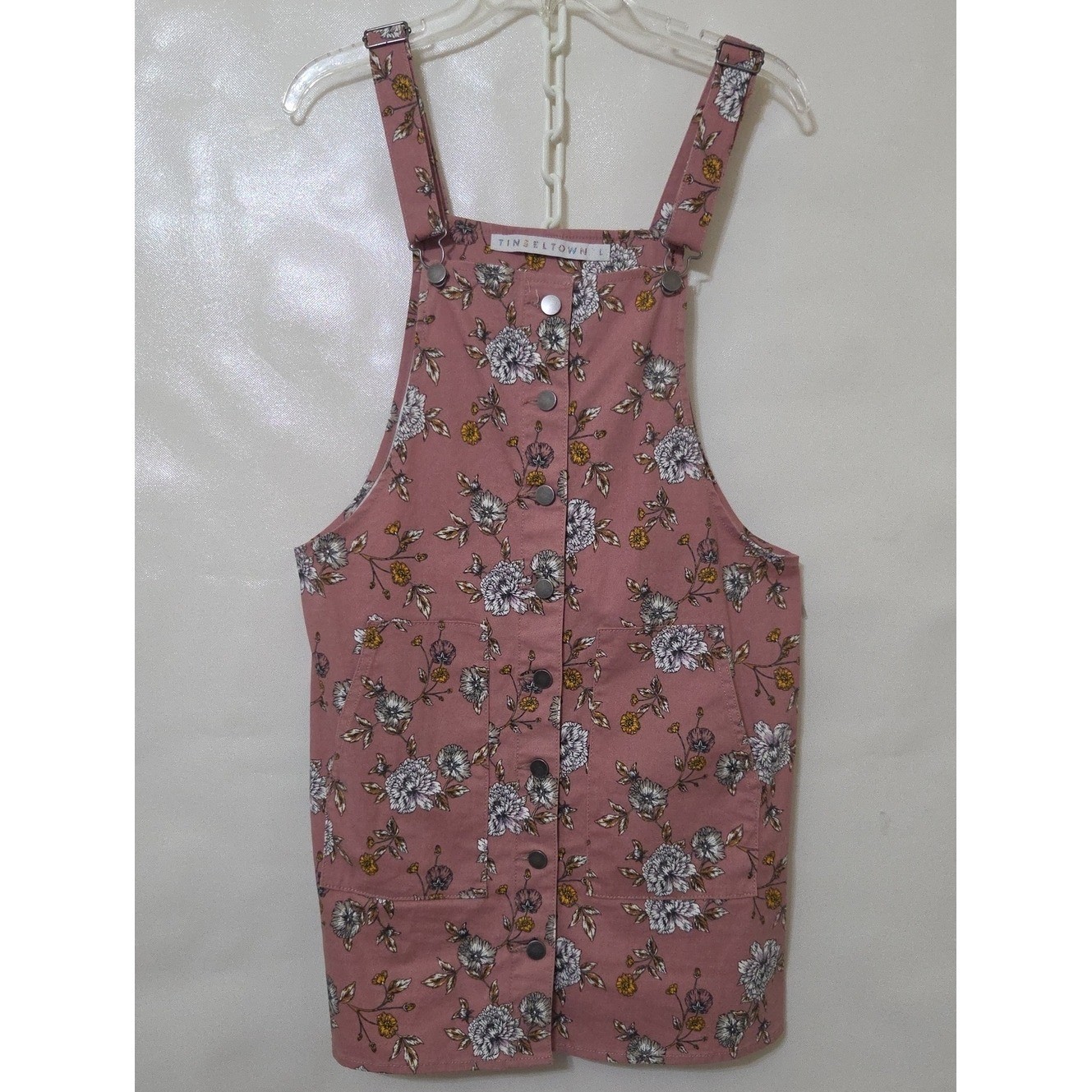Tinseltown Mauve Floral Button Pinafore Overall Jumper Mini Dress – Size Large
