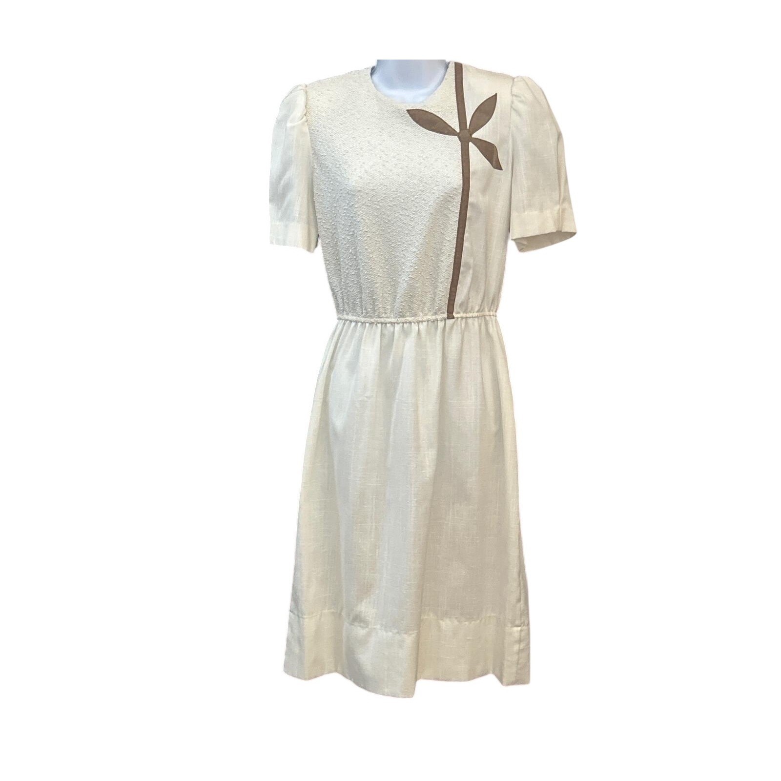 Vintage Leslie Fay Cream Textured Midi Dress Brown Floral Applique Made in USA