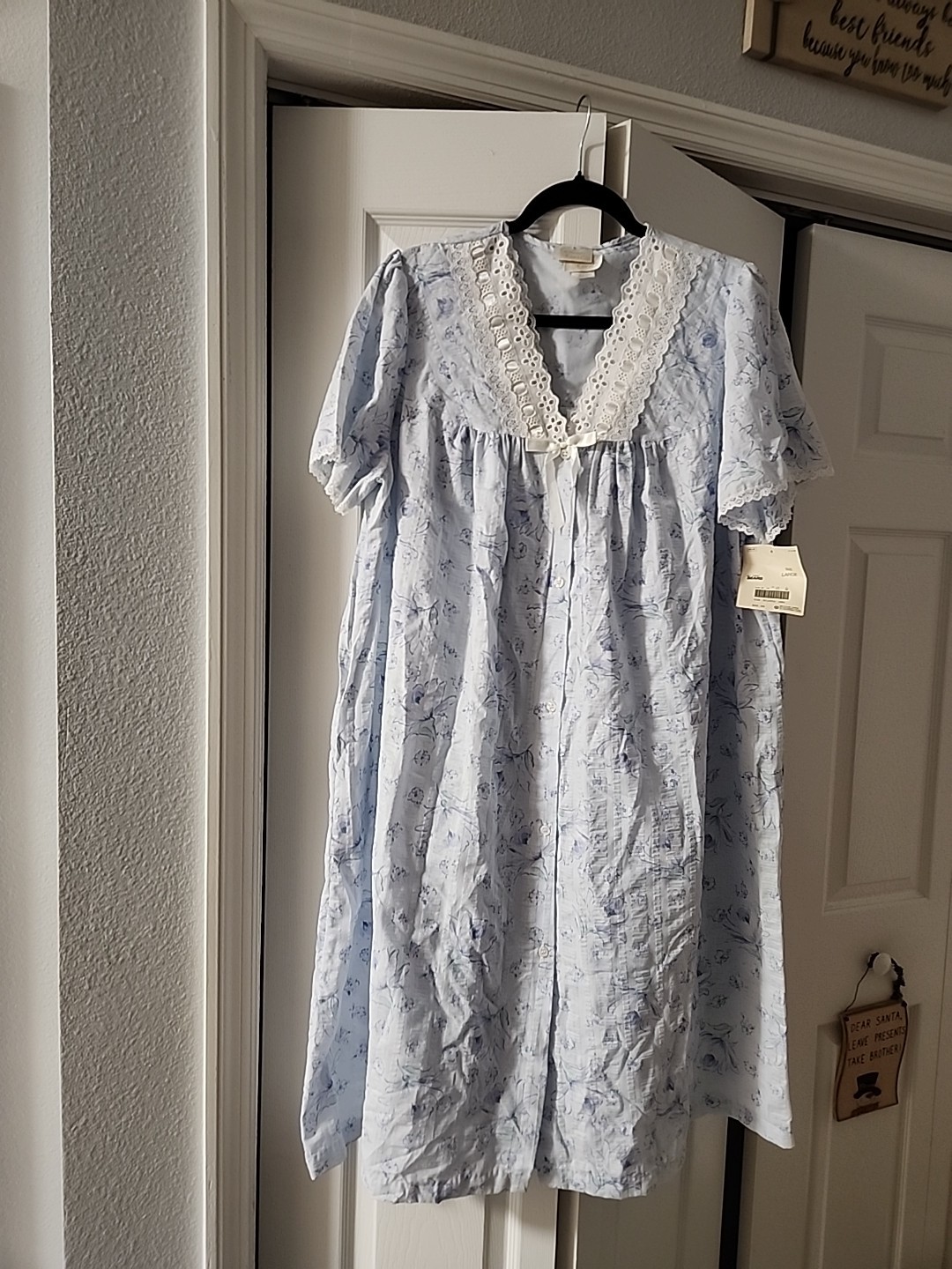 VTG Carriage Court Nightgown & House Robe Large Blue Floral Eyelet Lace Ribbon
