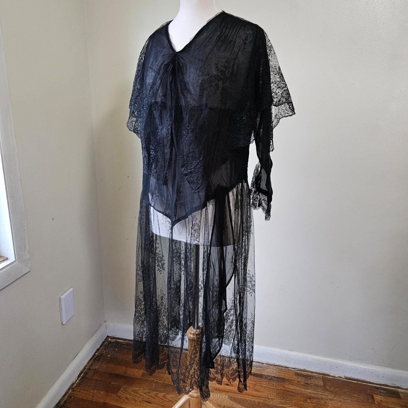 Vtg/Antique 1920s Black Mourning Silk Chiffon Lace Sheer Dress Capelet Medium