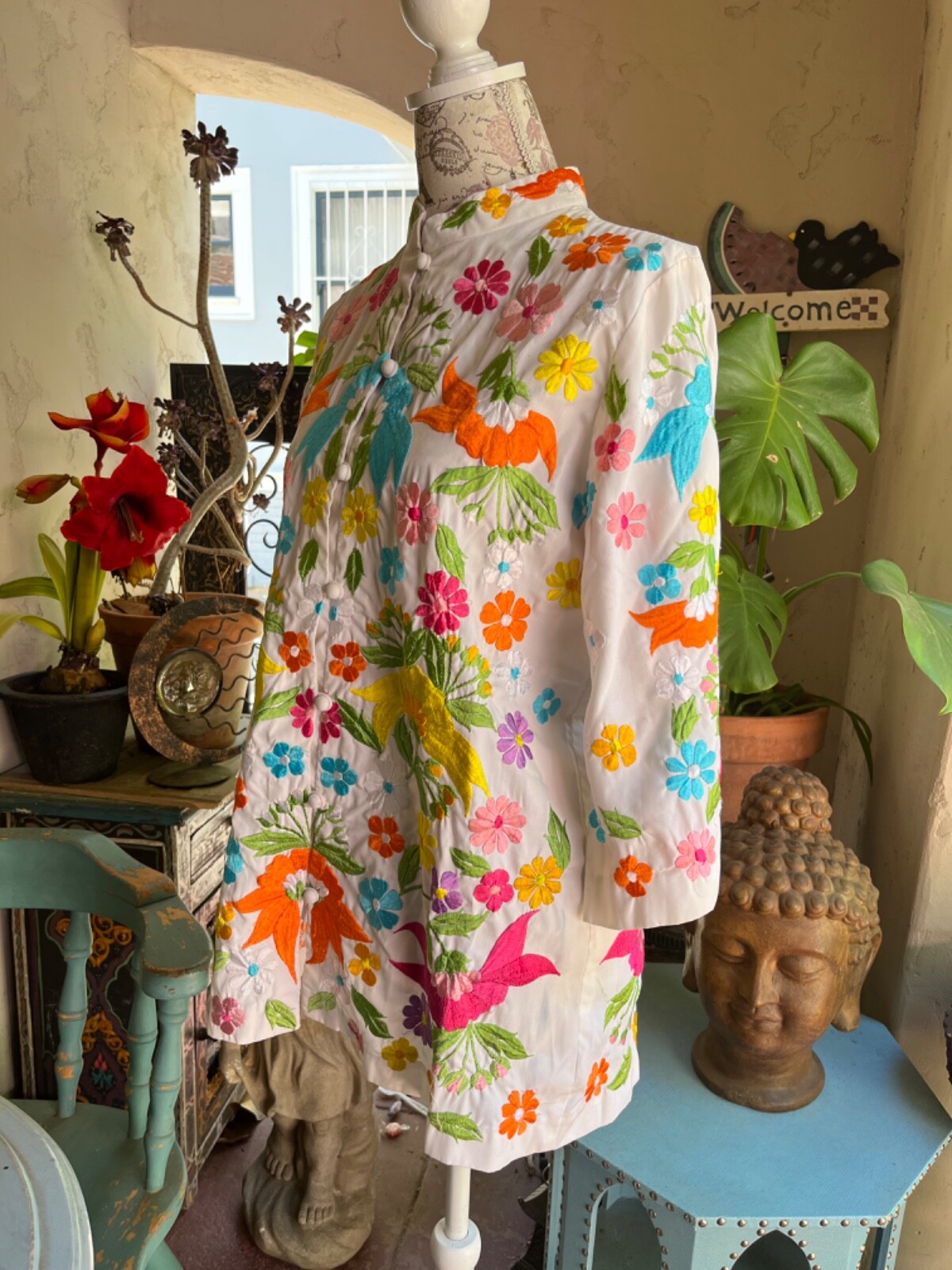 60s Jacket~Long Tunic Blouse~Embroidered Floral Hippie~Mandarin Collar~Size ML