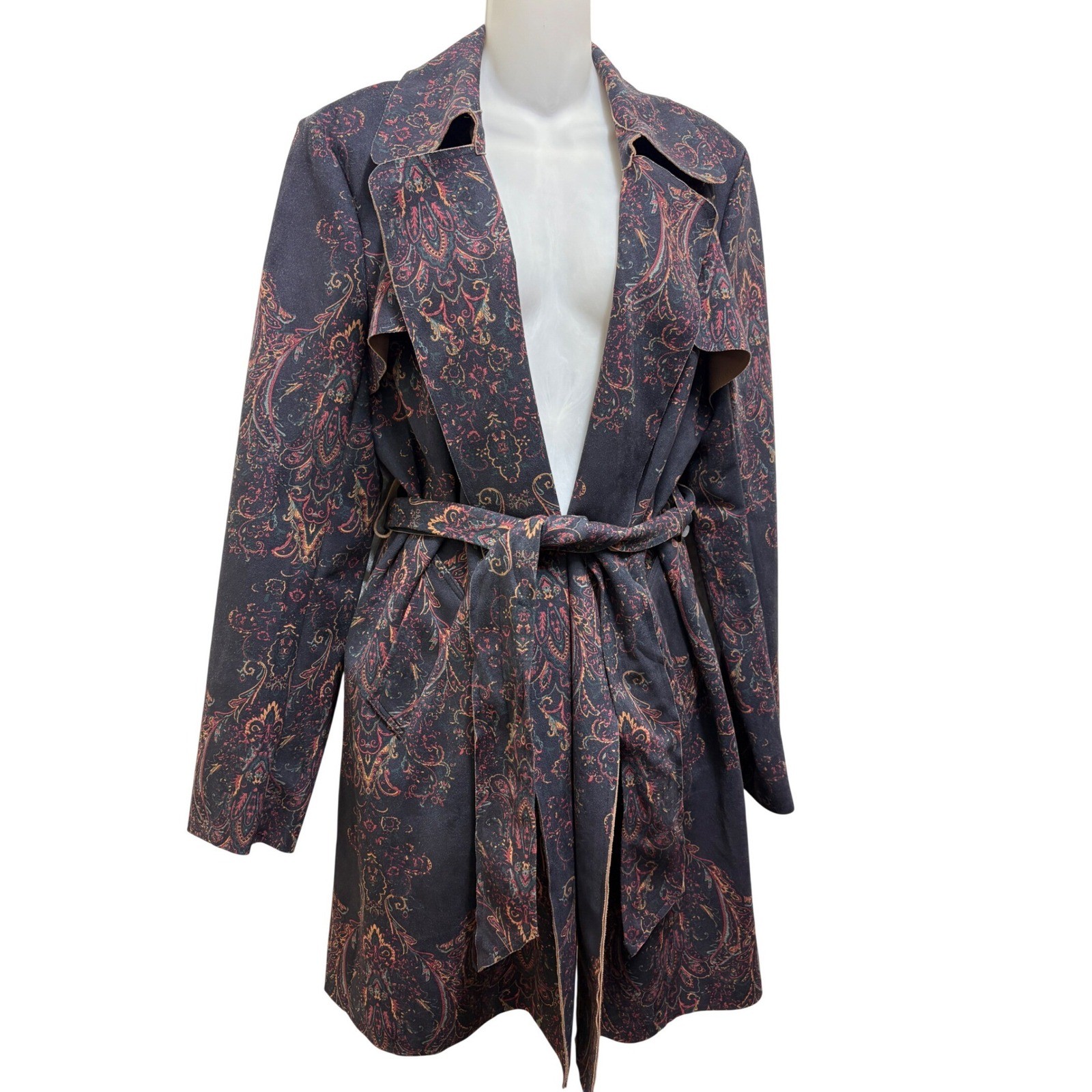 Solitaire Anthropologie Belted Coat Women XL Blue Paisley Faux Suede Boho Jacket