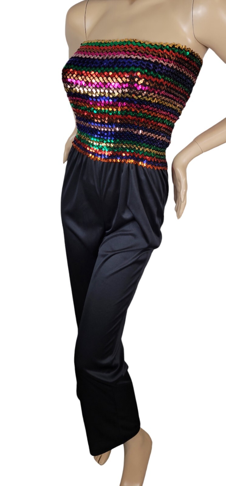 Vintage 70s JC Penney Fashions Rainbow Sequin Disco Halter Jumper Jumpsuit 13/14