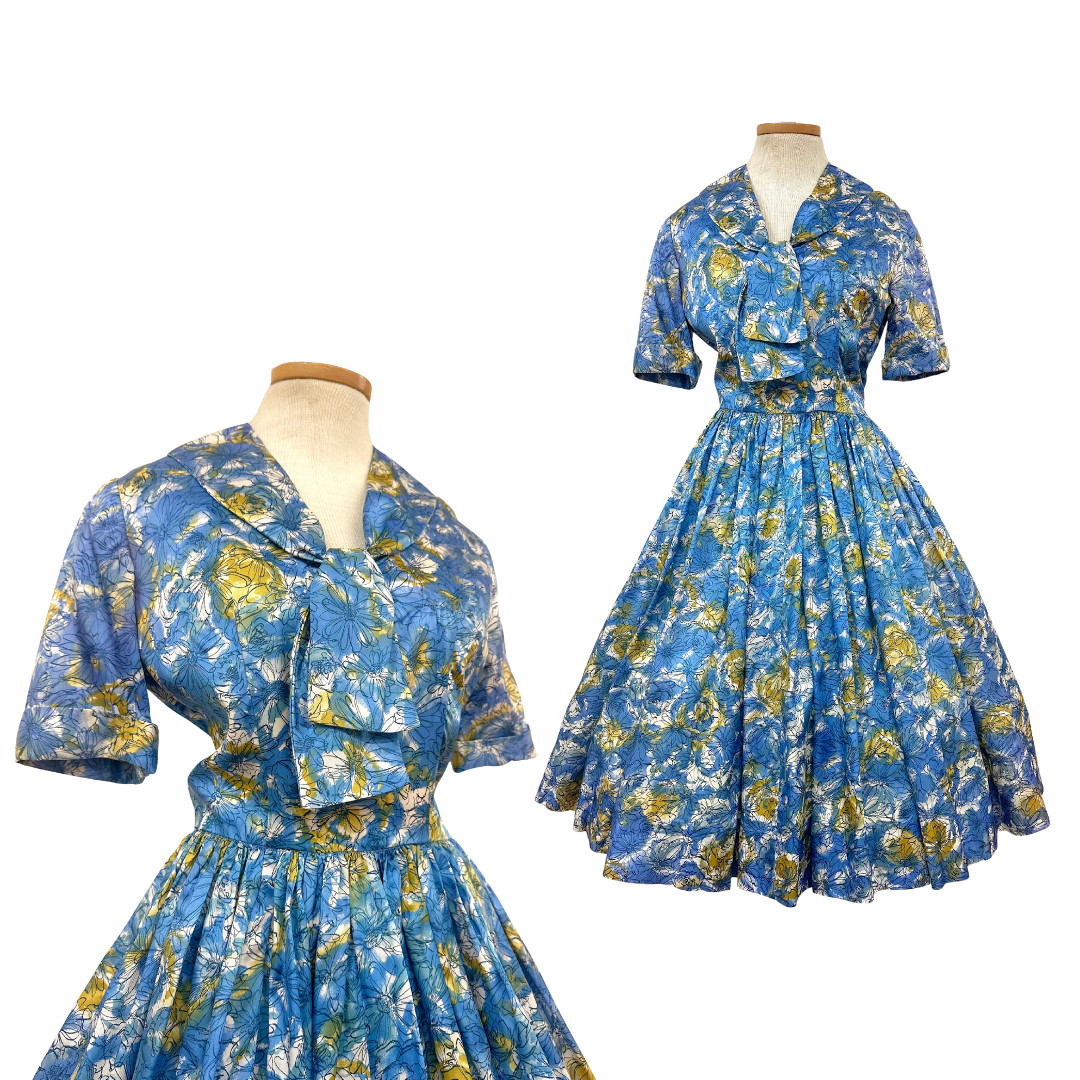 Vintage 1950s Blue & Yellow Floral Print Fit n Flare Tea Party Day Dress