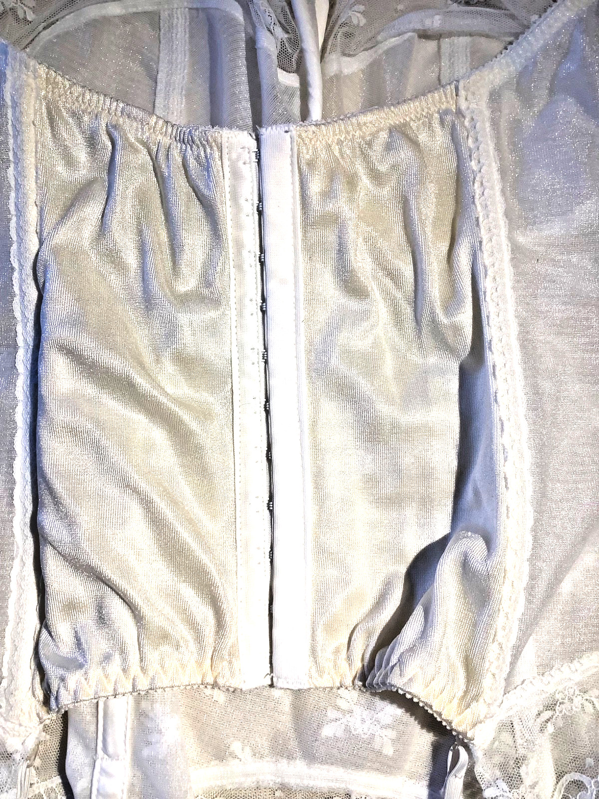 Vintage strapless Bustier bra UW white Boned sheer Lace 38DD Silhouette 4 garter