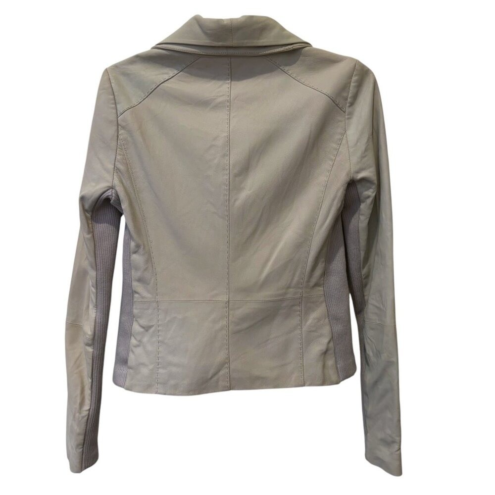 Vince Goat Leather Asymmetrical Moto Jacket Cashmere Ribbed Knit Trim Taupe