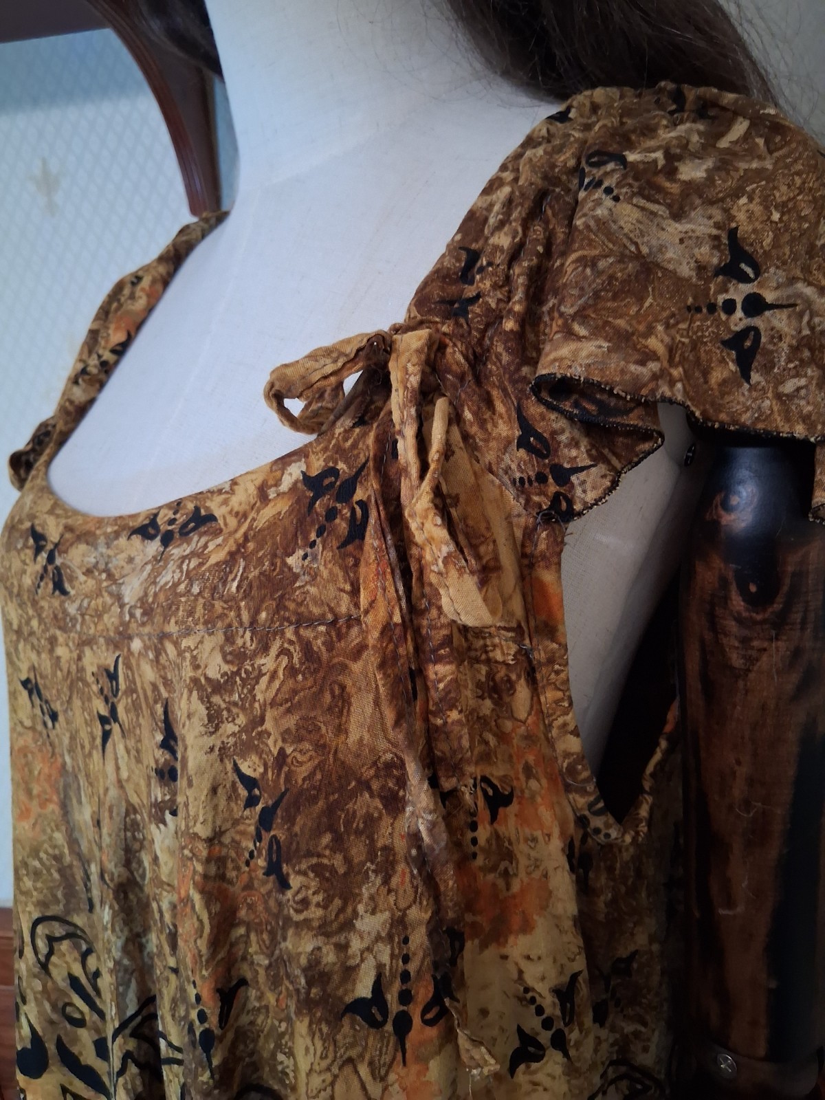Vintage 1970s Lady Cactus Amber Batik Fluttery Bohemian Hippie Handmade Dress