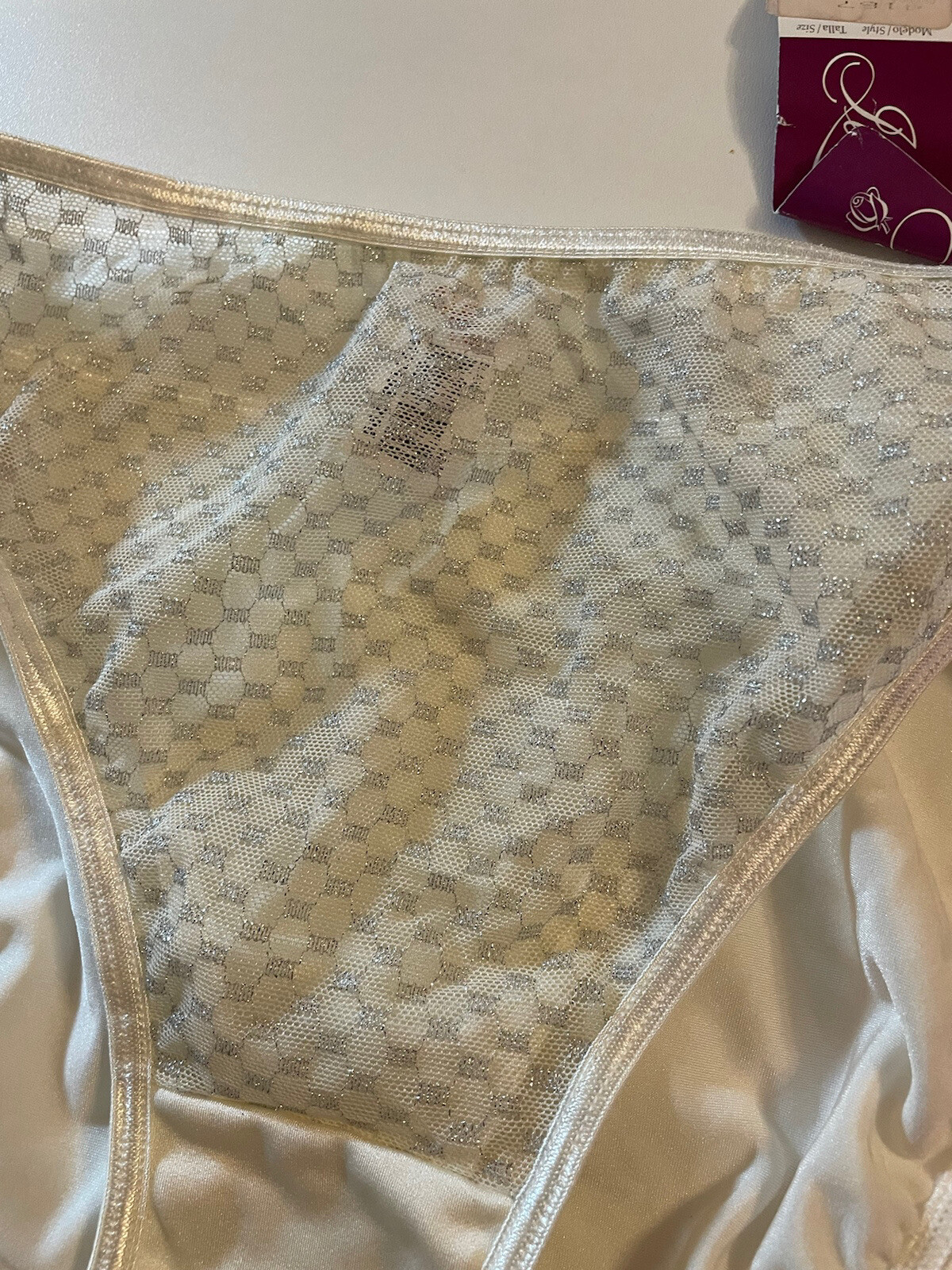 Vntg Illusion White Silver Sheer Double Nylon String Bikini Panties L Sparkly Ne