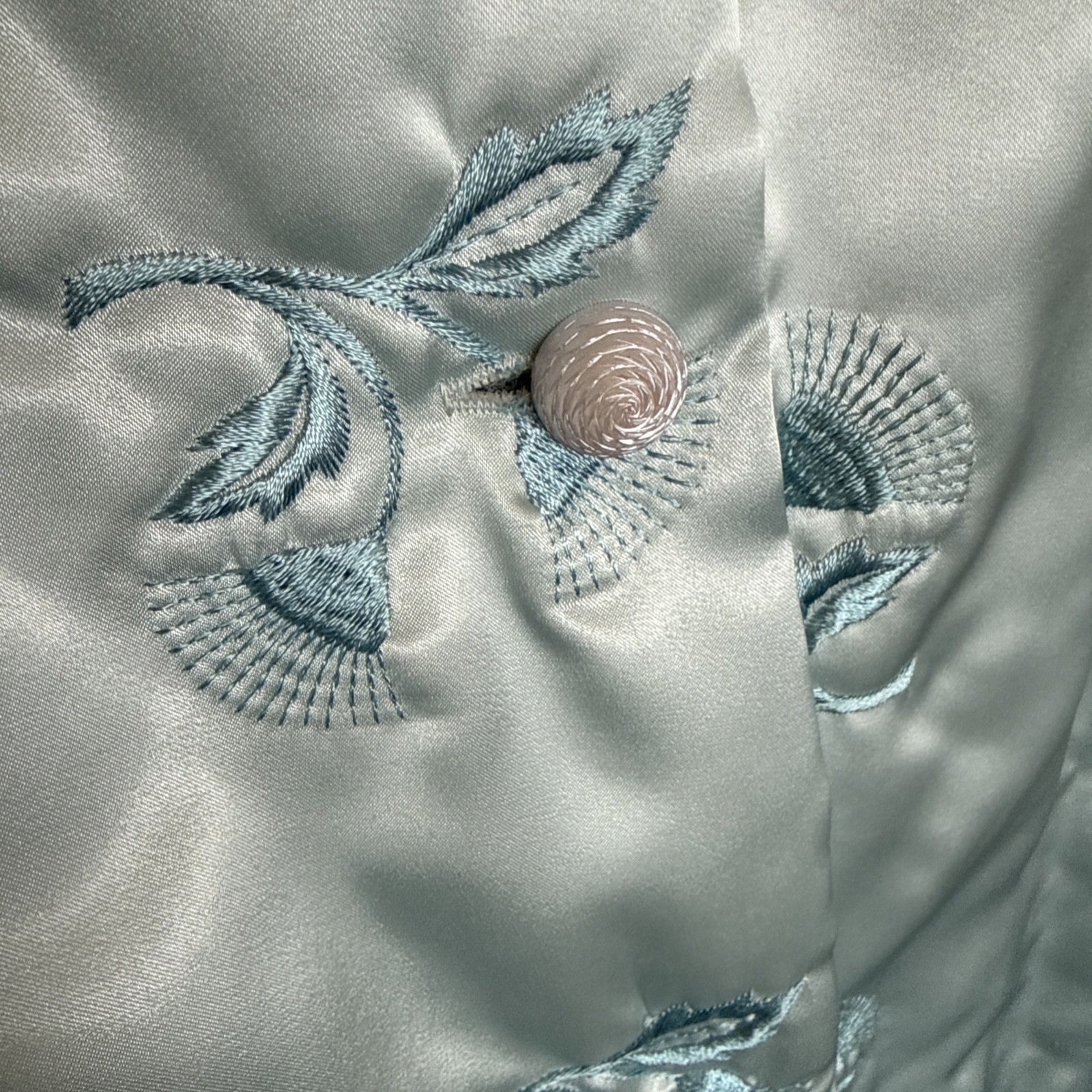 WOW! Vintage Lounge Craft Satin Blue Embroidered Maxi Robe S/M STUNNING & Mint