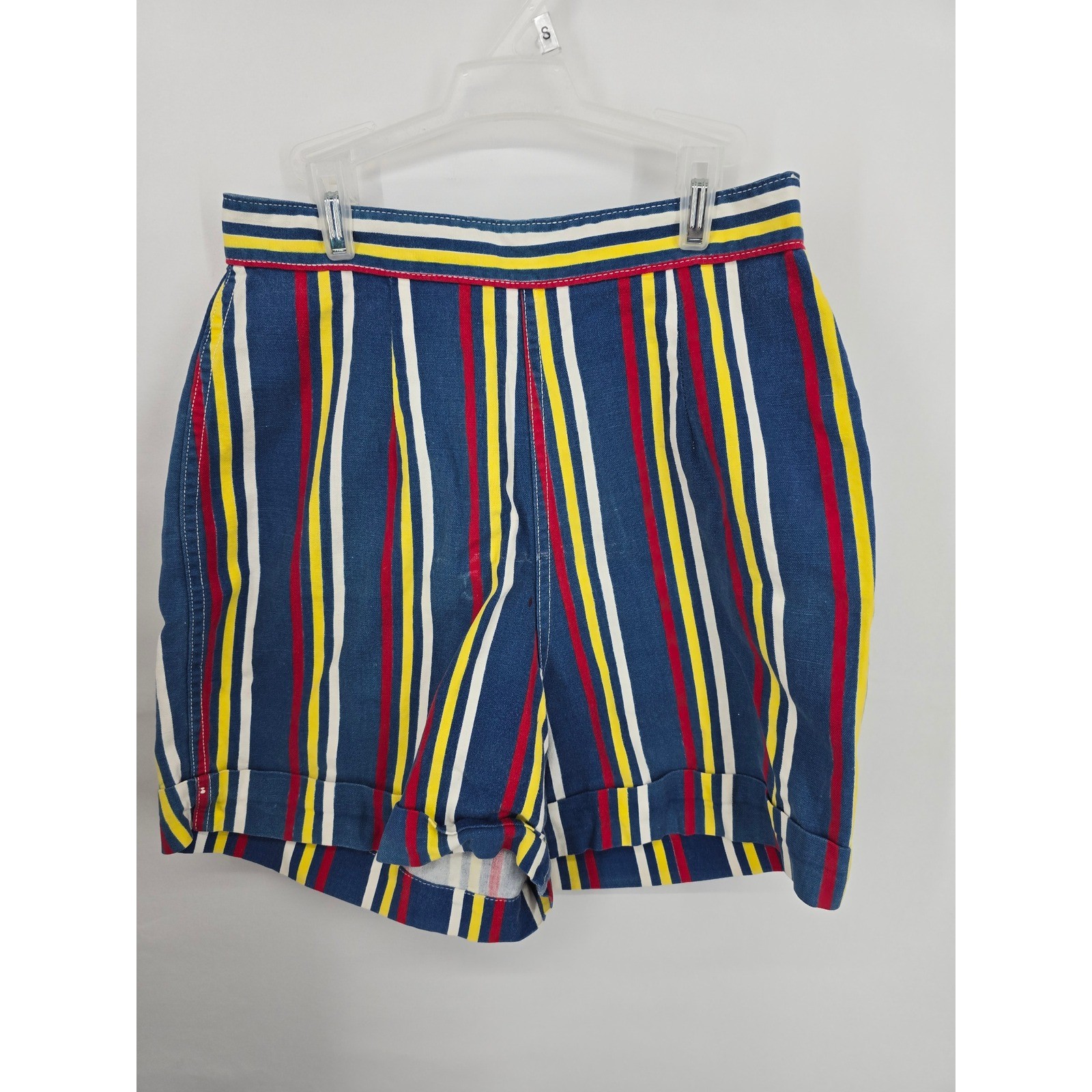 Vintage High Waisted Striped Shorts Blue Red Yellow White Retro Cuffed Canvas S