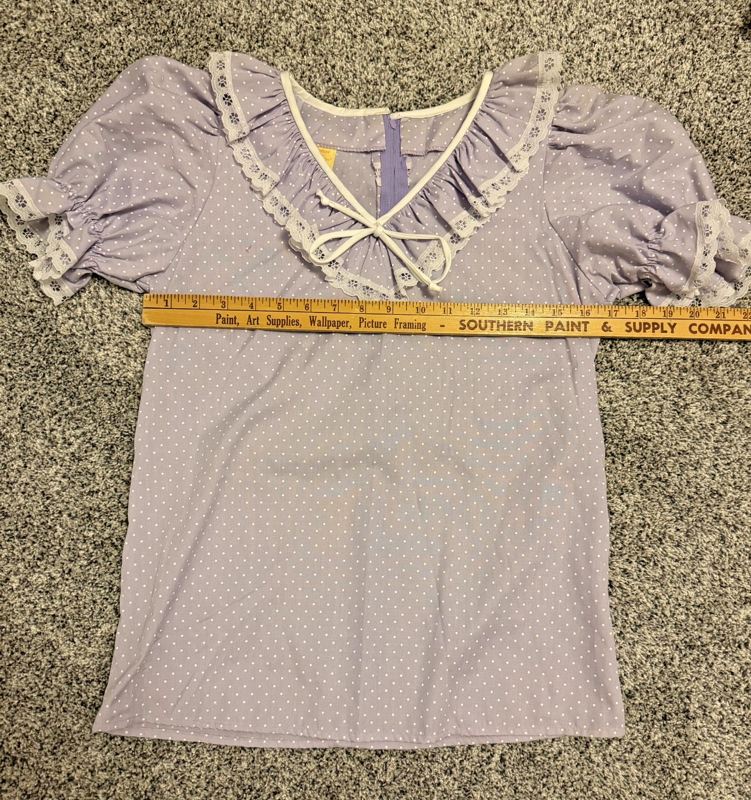Vintage Malco Modes Partner’s Please Prairie Blouse Lavender Polka Dot USA 15/16