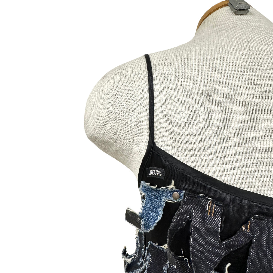Vintage Y2K MISS SIXTY Rare Denim Letter Embellished Black Mini Dress
