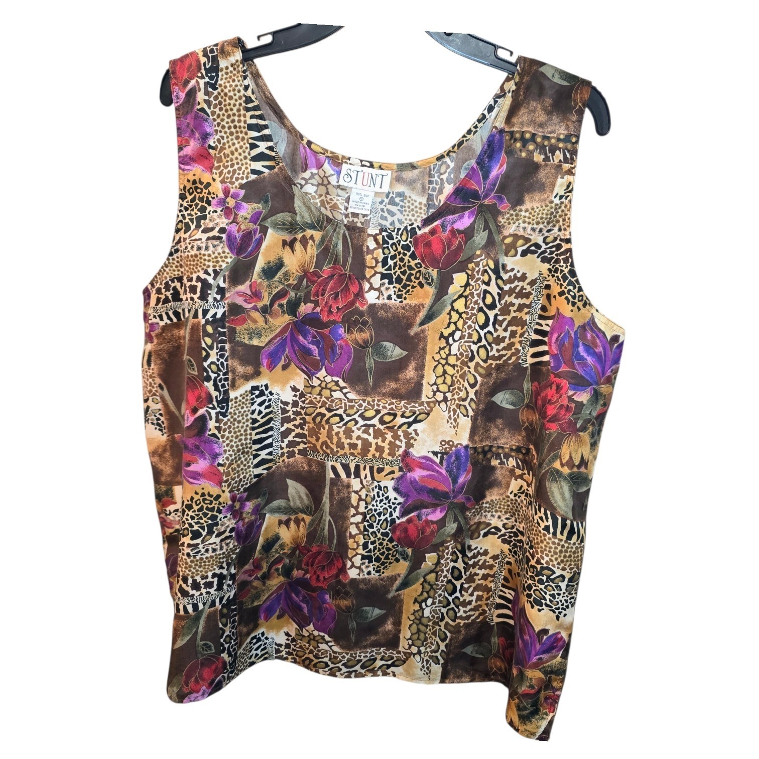 Stunt Sz XL 100% Silk Cheetah Giraffe Zebra Roses Floral Print Tank Top Blouse